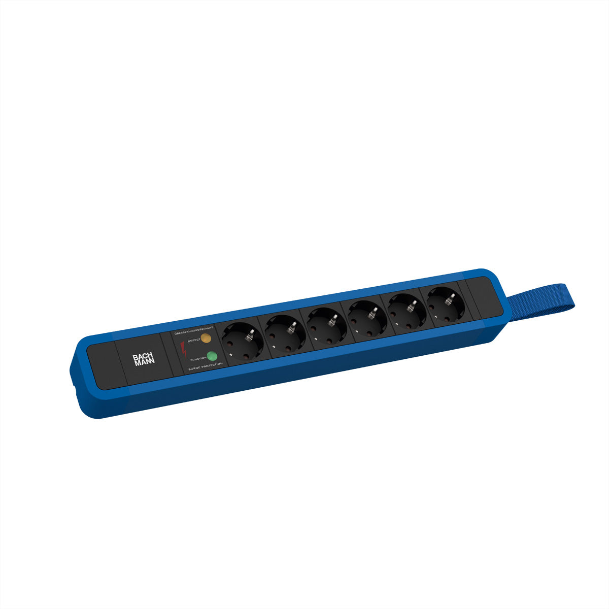 Bachmann Steckdosenleiste – 6× Schuko (Typ E/F), 2 m, mit Überspannungsschutz, Schwarz/Blau