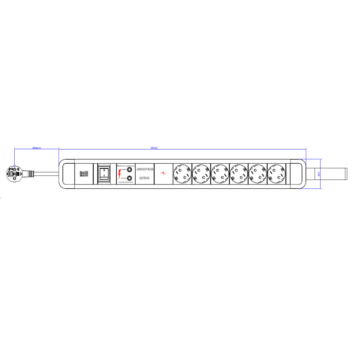 Bachmann PRIMO 2 Steckdosenleiste, 6×T13, mit Schalter, 2 m, Eingang Schutzkontakt (CEE 7/7) – Blau