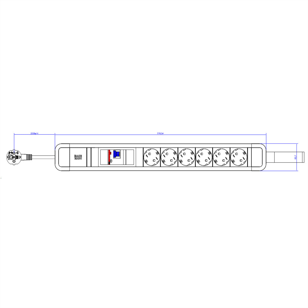 Bachmann PRIMO 2 Steckdosenleiste – 6× Schuko (Typ E/F), 2 m, ohne Schalter, blau