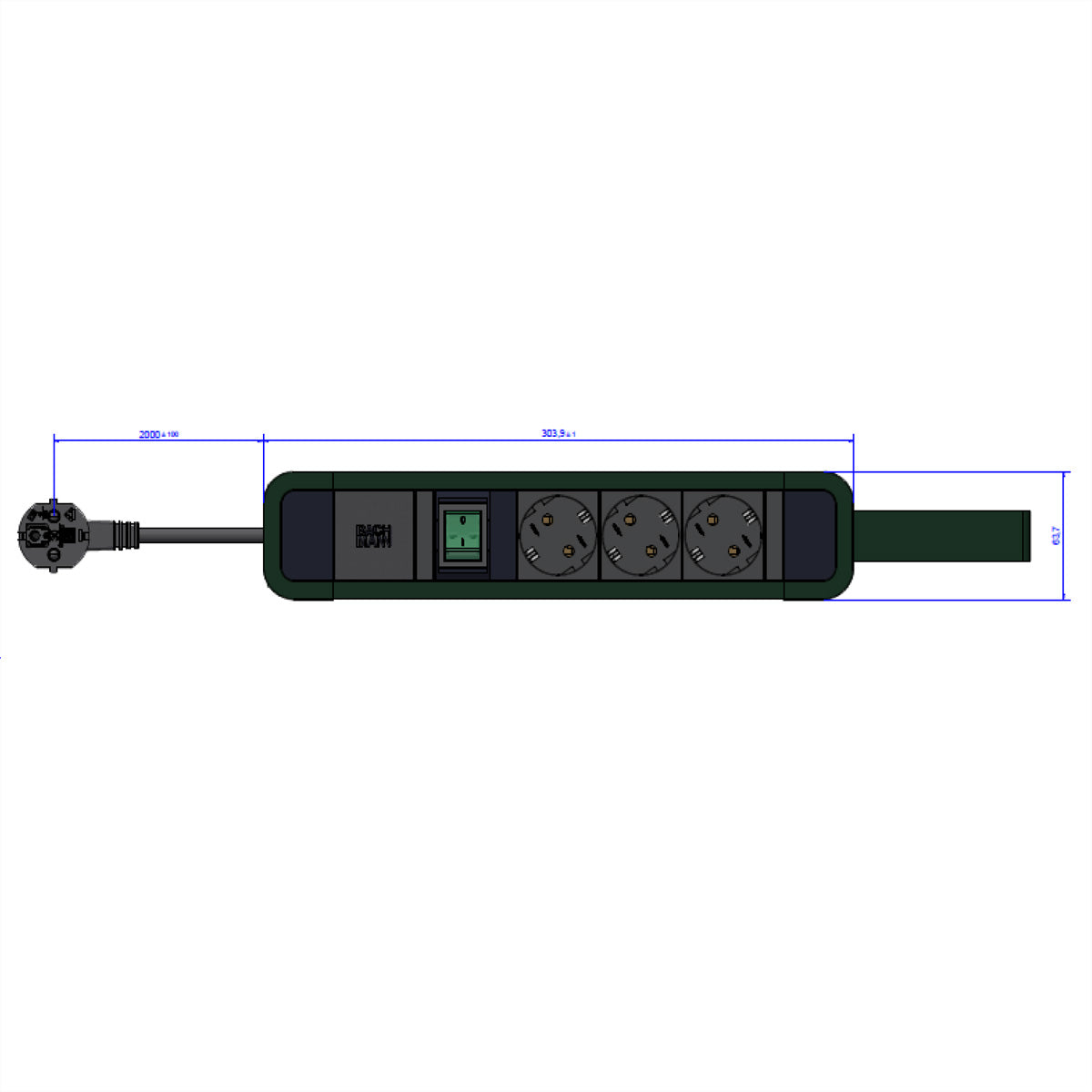 Bachmann PRIMO 2 Steckdosenleiste Schutzkontakt (Typ F)×3 – mit Schalter, 2 m Kabel, Blau