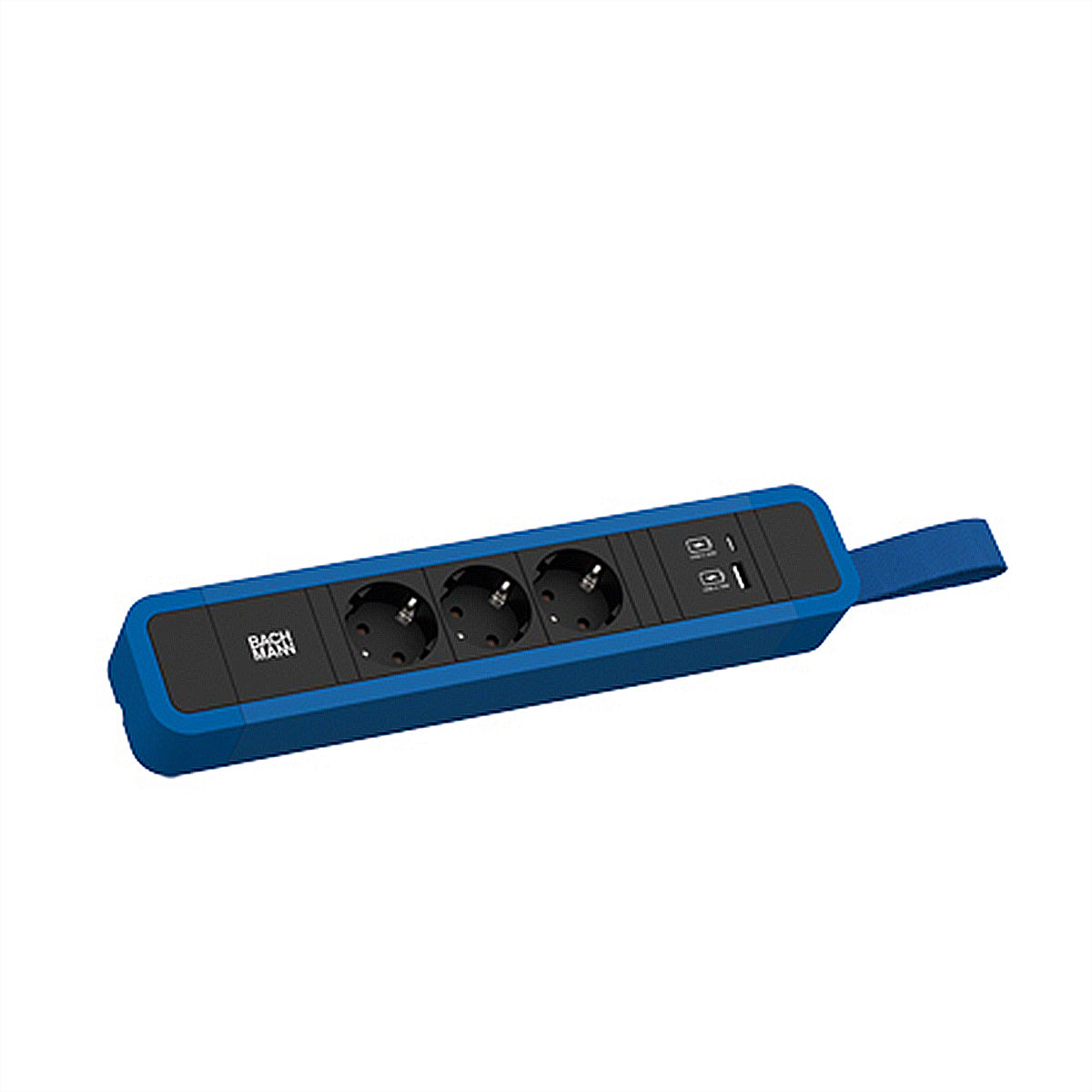 Bachmann PRIMO 2 Steckdosenleiste – 3×Schuko (Typ E/F), 2 m, 1×USB‑A + 1×USB‑C 22 W, Blau, Aufhängeschlaufe