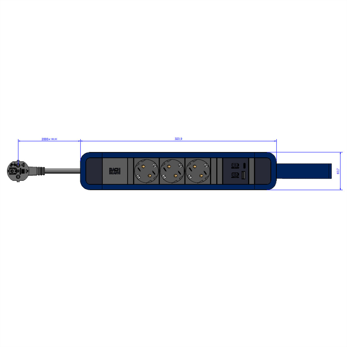 Bachmann PRIMO 2 Steckdosenleiste – 3×Schuko (Typ E/F), 2 m, 1×USB‑A + 1×USB‑C 22 W, Blau, Aufhängeschlaufe
