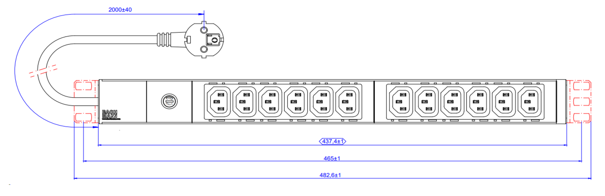 Bachmann 19" Steckdosenleiste, 12× IEC C13, 2 m, Winkelstecker CEE 7/7, Feinsicherung