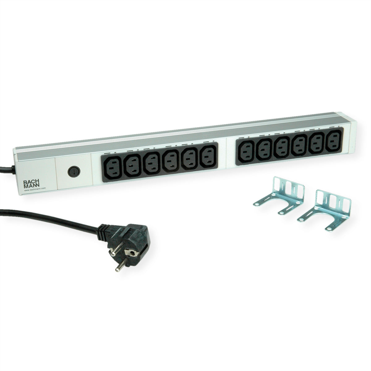 Bachmann 19" Steckdosenleiste, 12× IEC C13, 2 m, Winkelstecker CEE 7/7, Feinsicherung