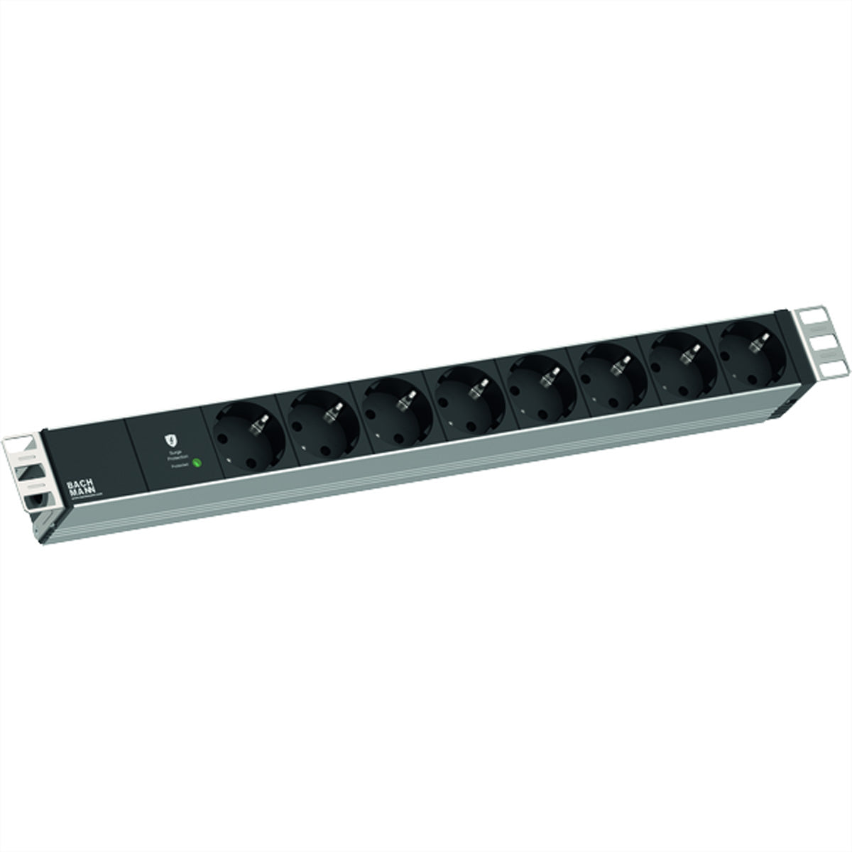 Bachmann Steckdosenleiste 19" 1U – CEE 7/3×8 – Überspannungsschutz 1,5 kA – Winkel-Schutzkontaktstecker CEE7/7