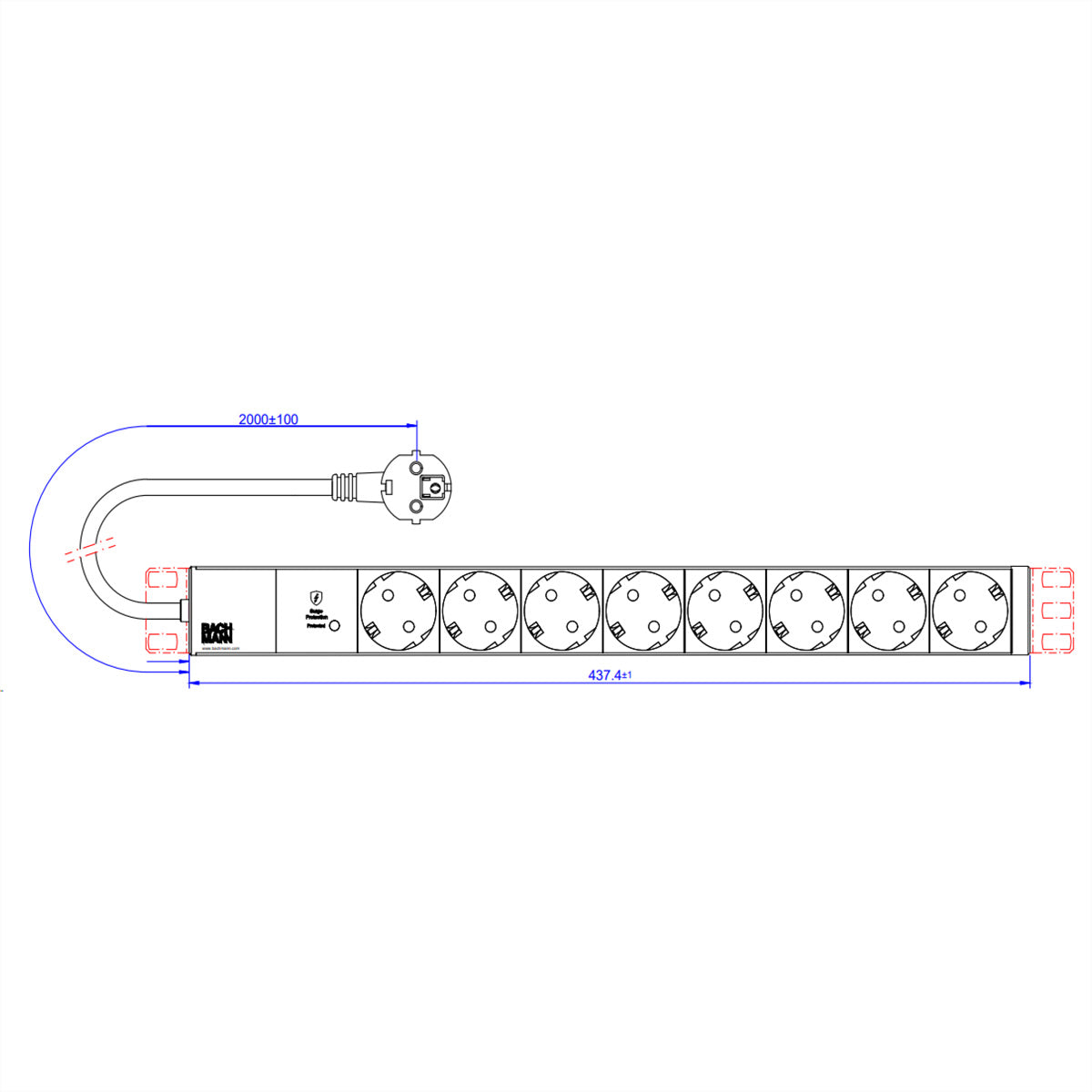 Bachmann Steckdosenleiste 19" 1U – CEE 7/3×8 – Überspannungsschutz 1,5 kA – Winkel-Schutzkontaktstecker CEE7/7