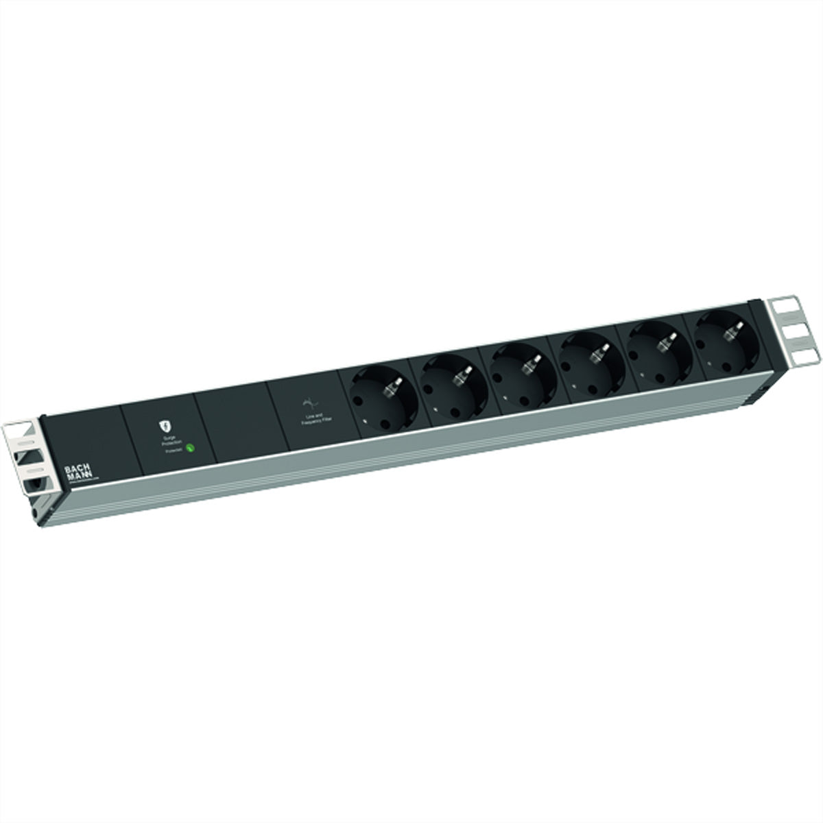 Bachmann Rack-PDU Basic, 19" 1U, 6×T13, Eingang CEE 7/7, 2 m – schwarz/silber