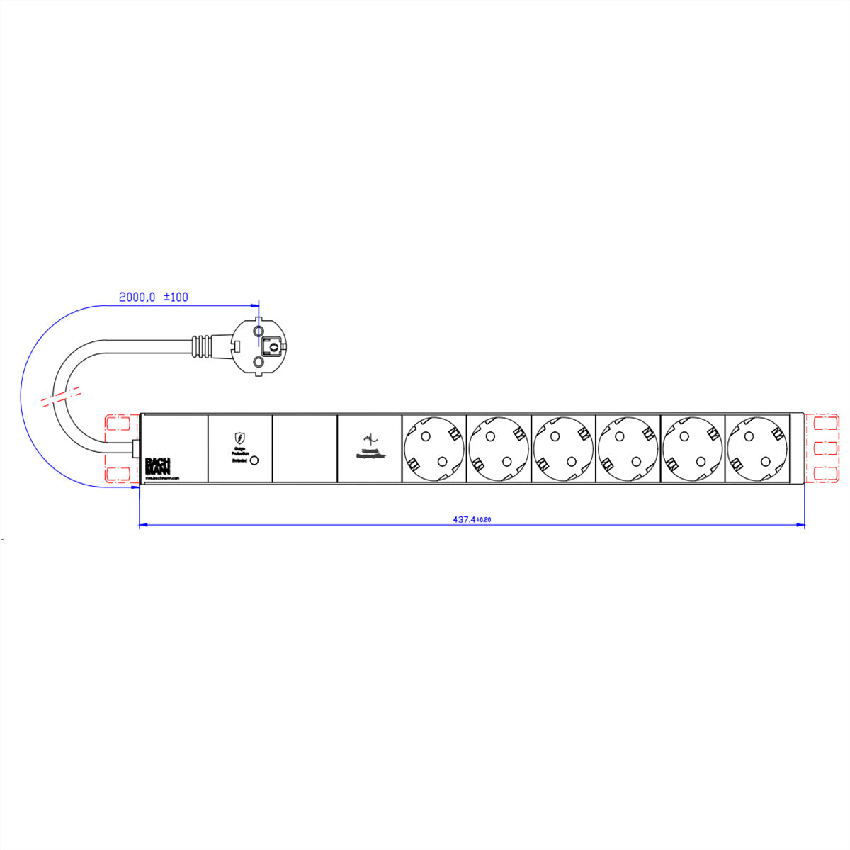 Bachmann Rack-PDU Basic, 19" 1U, 6×T13, Eingang CEE 7/7, 2 m – schwarz/silber