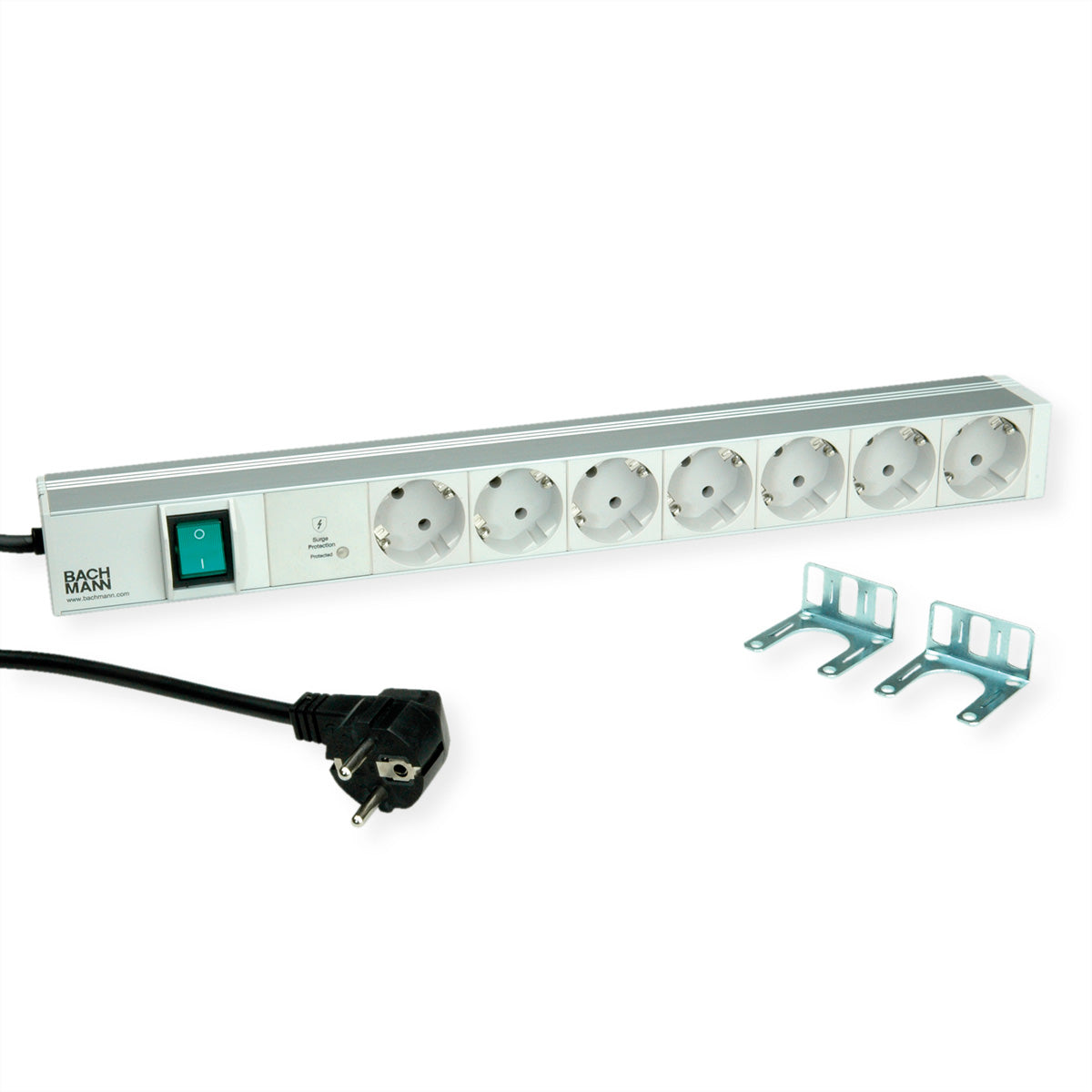 Bachmann 19" 1U IT-Steckdosenleiste 7×Schutzkontakt (CEE 7/3) – SPD-Plus, Schalter, 2,0 m Zuleitung – weiss
