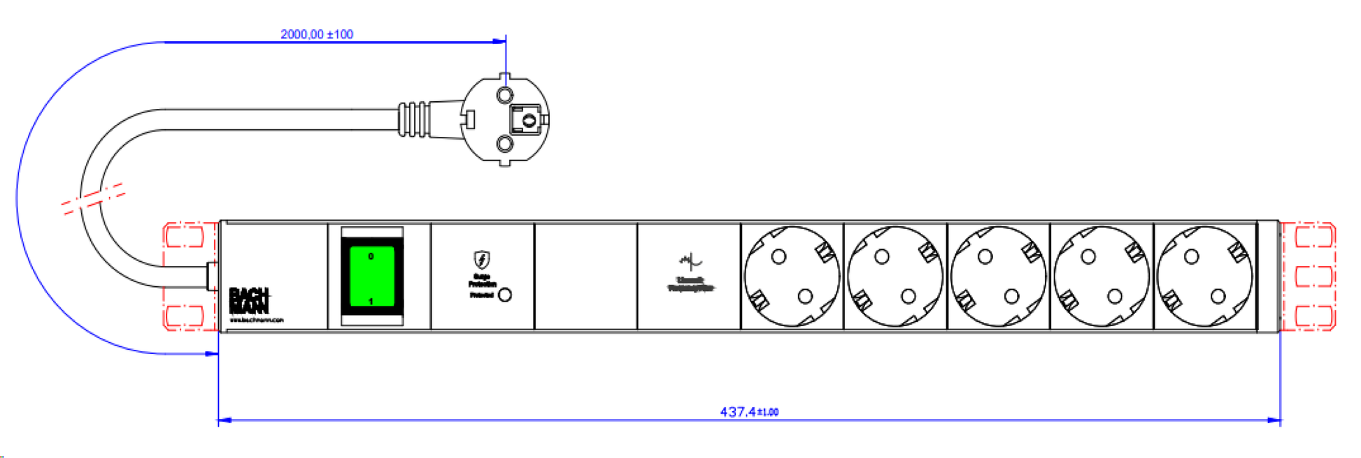 Bachmann Rack-PDU Switched 19" 1U, 5×T13, Eingang Schutzkontakt-Winkelstecker 2 m – weiss
