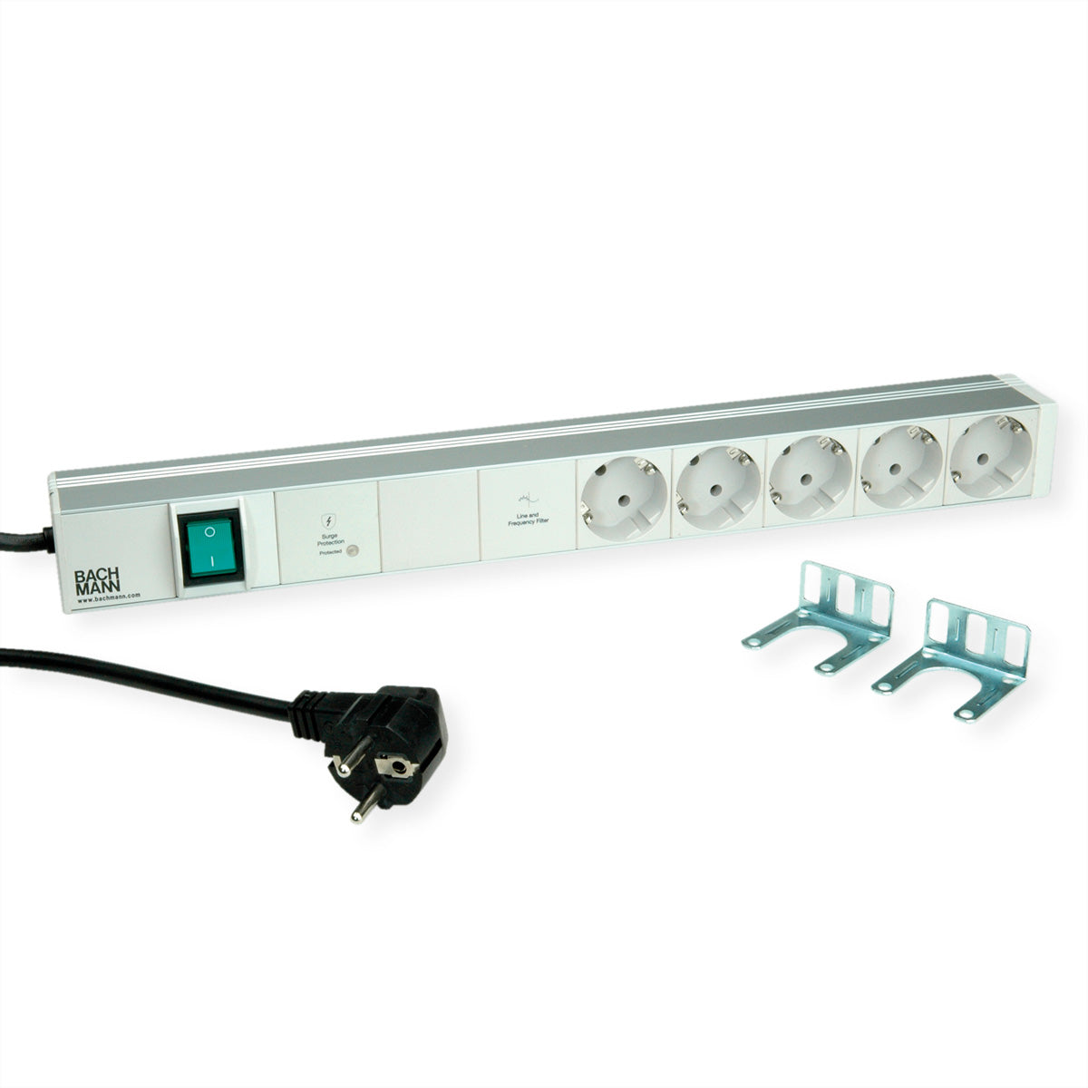 Bachmann Rack-PDU Switched 19" 1U, 5×T13, Eingang Schutzkontakt-Winkelstecker 2 m – weiss