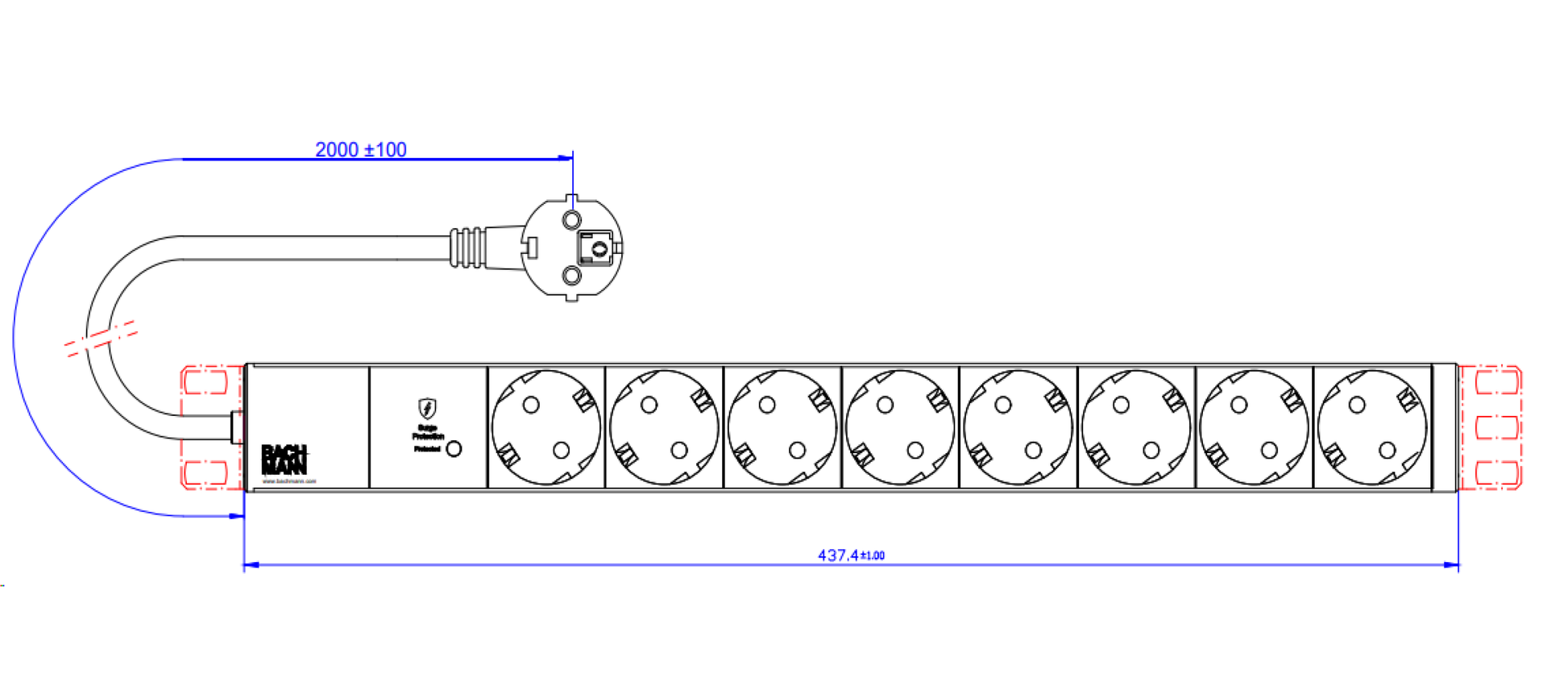Bachmann Rack-PDU Basic 1U, 8×T13, Eingang CEE7/7, 2 m, Überspannungsschutz 1,5 kA – Schwarz