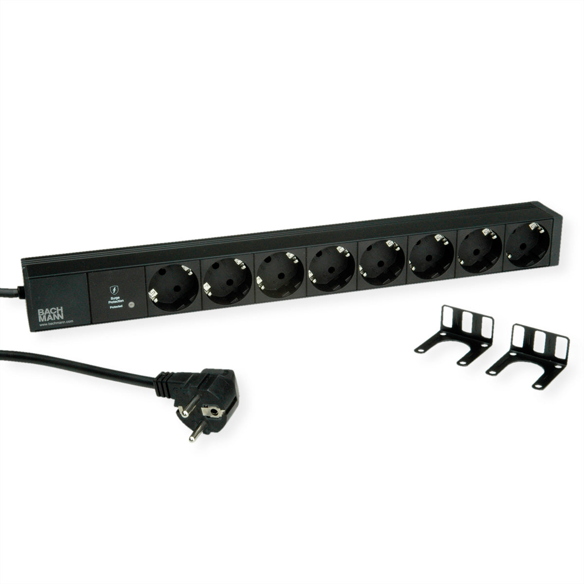 Bachmann Rack-PDU Basic 1U, 8×T13, Eingang CEE7/7, 2 m, Überspannungsschutz 1,5 kA – Schwarz