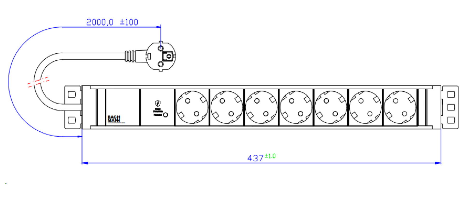 Bachmann Rack-PDU 19" 1,5 HE, 7×T13, Eingang CEE7/7, 2,0 m, Überspannungsschutz Plus – Schwarz/Silber