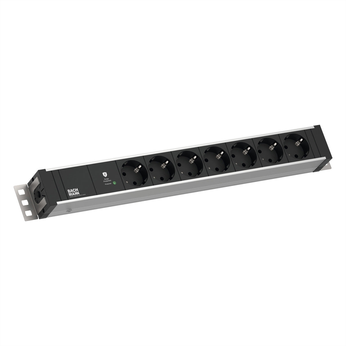 Bachmann Rack-PDU 19" 1,5 HE, 7×T13, Eingang CEE7/7, 2,0 m, Überspannungsschutz Plus – Schwarz/Silber