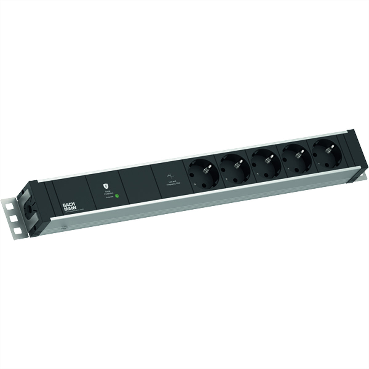 Bachmann Steckdosenleiste 19" 1,5HE, 5×T13, Eingang CEE7/7, 2 m, Überspannungsschutz – Schwarz/Silber
