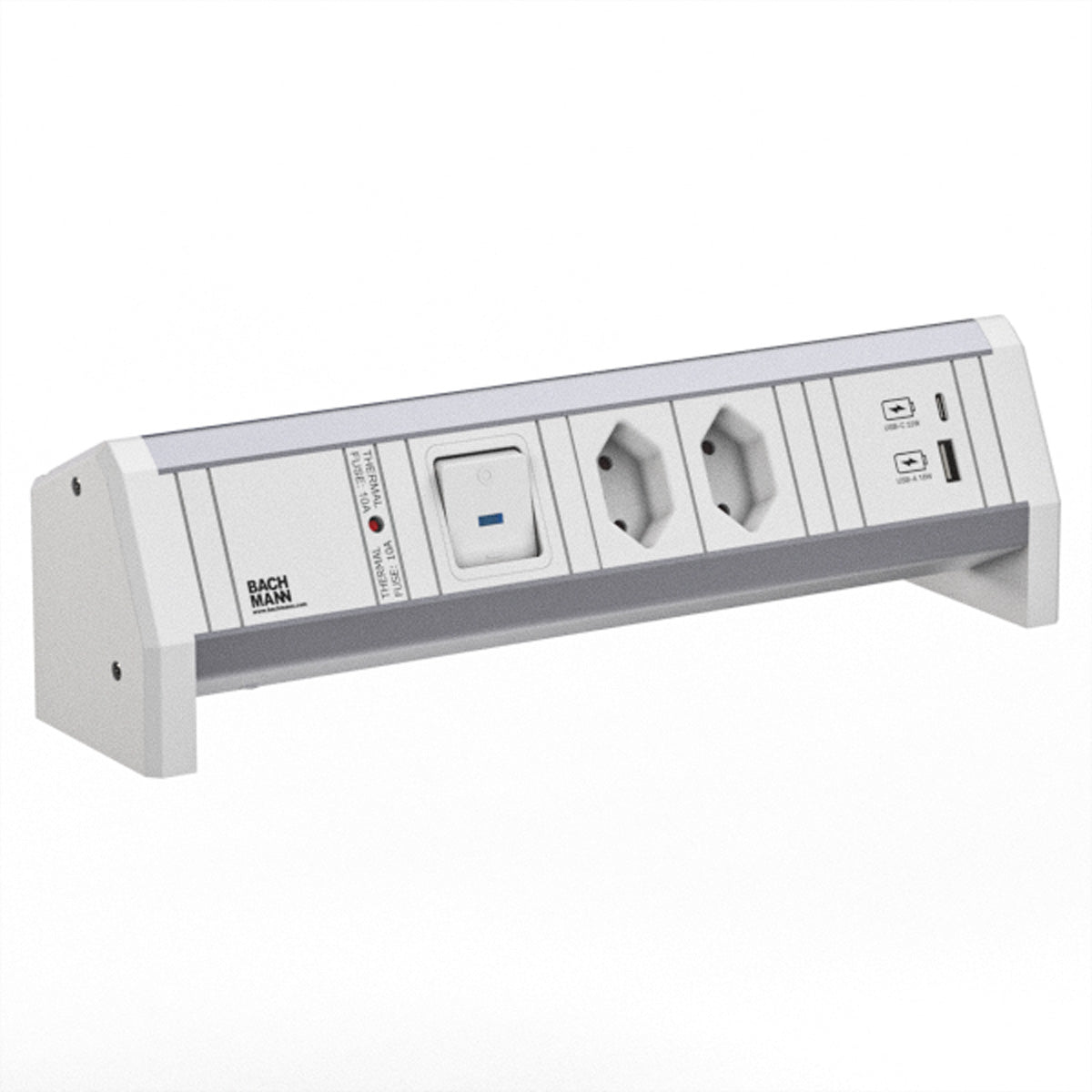 Bachmann DESK 2 – Tischsteckdosenleiste, 2× T13, 2× USB (22 W), mit Schalter, Stecker GST18