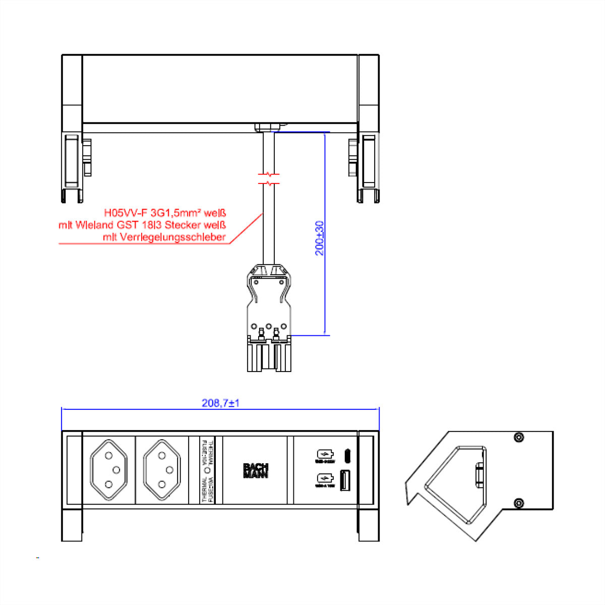 BACHMANN DESK2 Steckdoseneinheit – 2×T13, USB‑A/USB‑C 22 W, Tisch/Einbau, GST18 Stecker