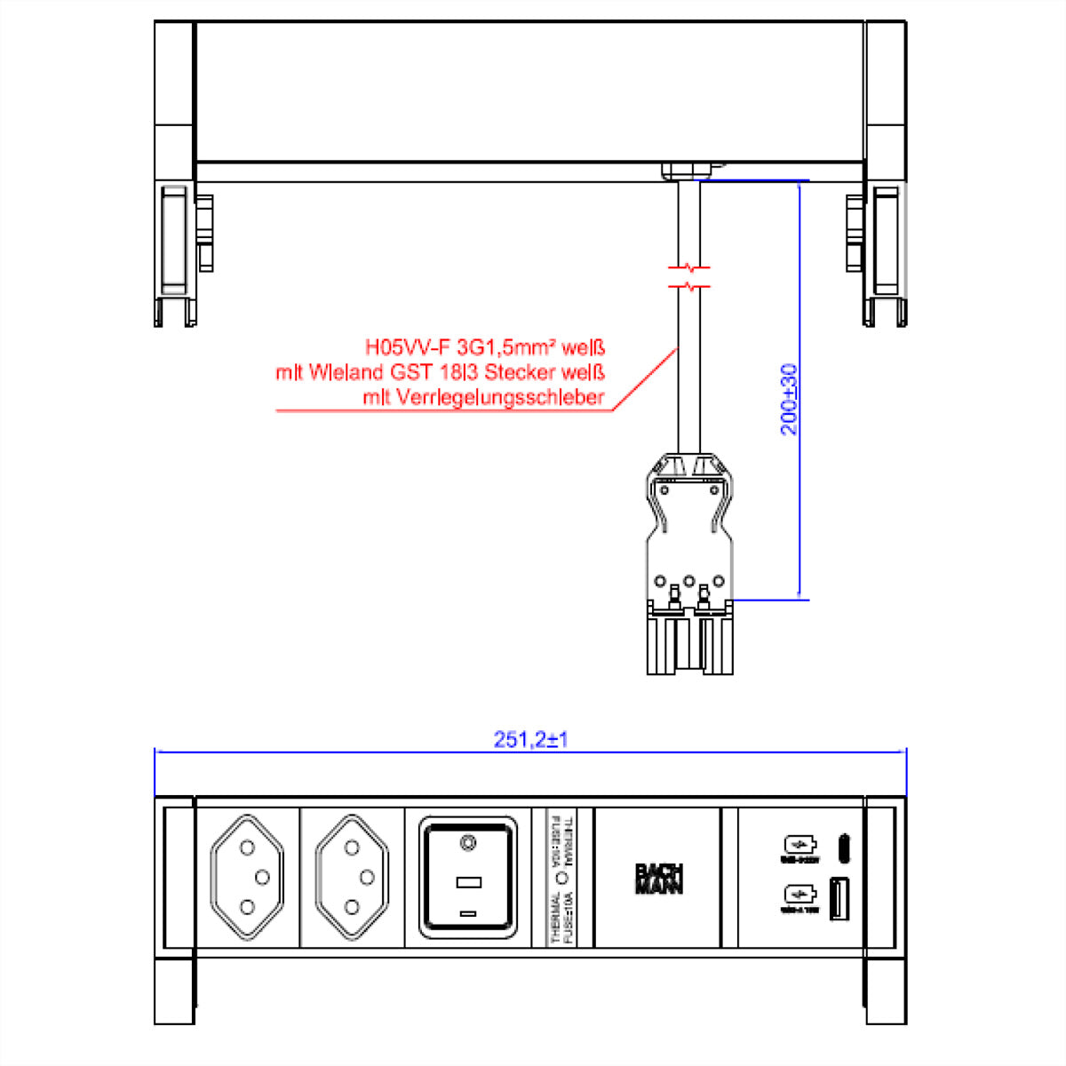 Bachmann DESK2 – Tischsteckdosenleiste, 2× T13, 2× USB, mit Schalter, 0,2 m, Stecker GST18