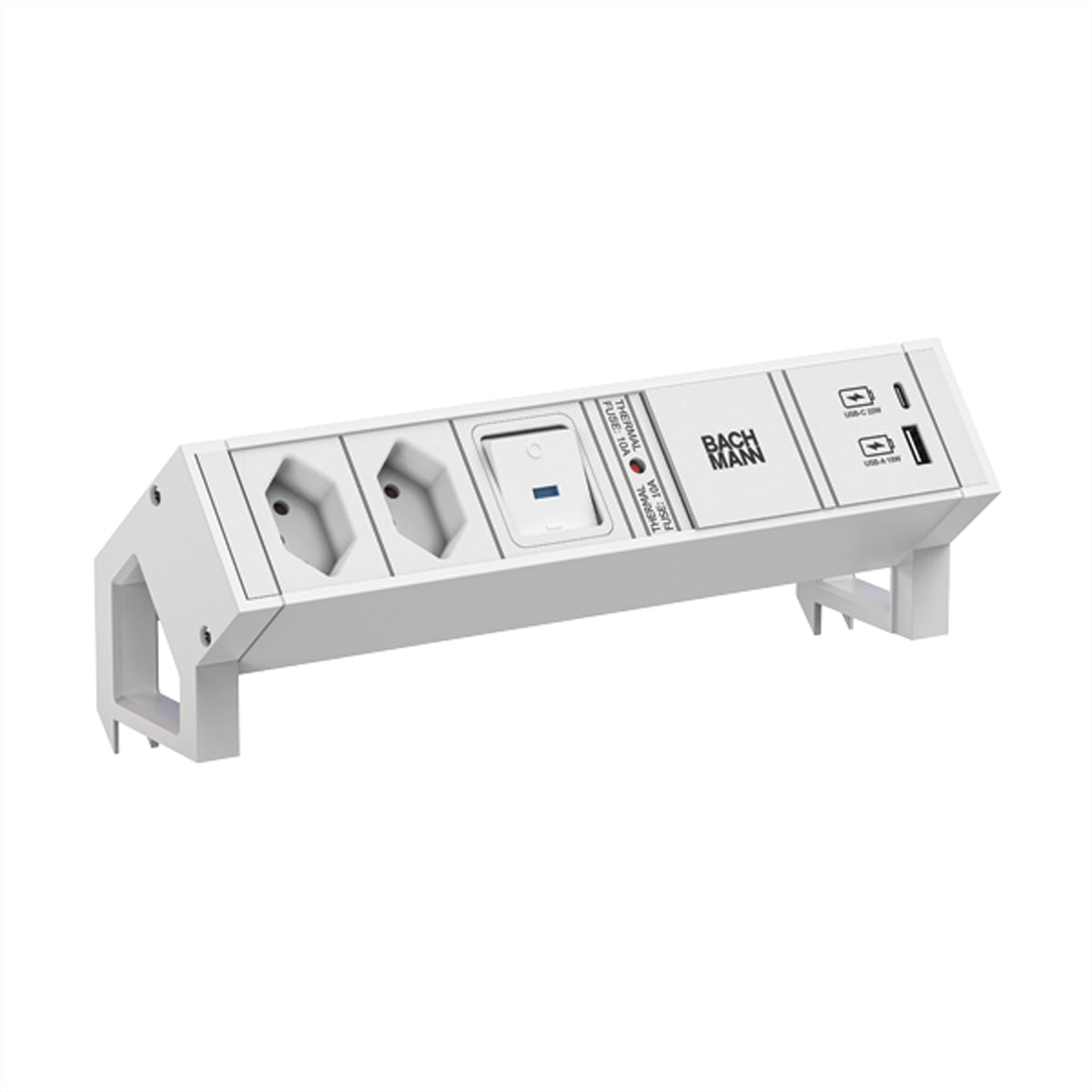 Bachmann DESK2 – Tischsteckdosenleiste, 2× T13, 2× USB, mit Schalter, 0,2 m, Stecker GST18