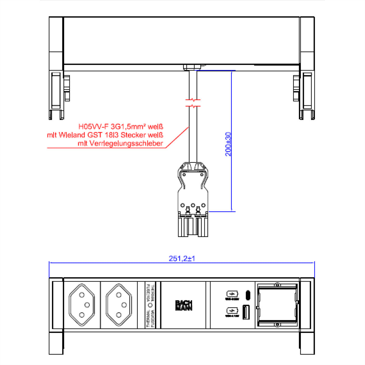 Bachmann DESK2 Tischsteckdosenleiste, 2×T13, 1×USB‑A + 1×USB‑C 22 W, GST18 0,2 m, Haltewinkel – Weiss