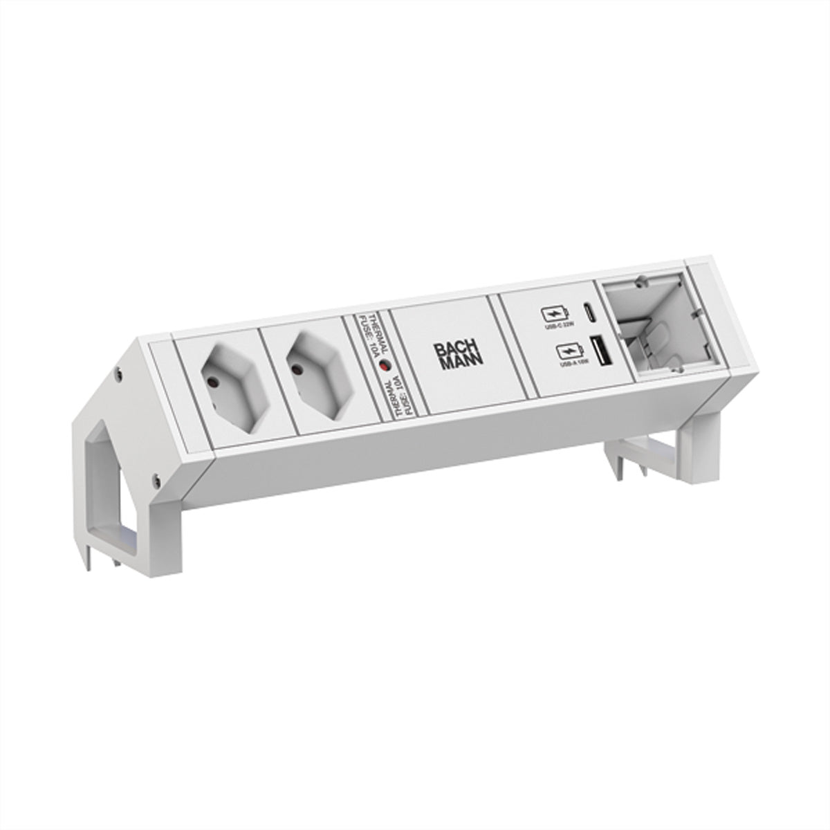 Bachmann DESK2 Tischsteckdosenleiste, 2×T13, 1×USB‑A + 1×USB‑C 22 W, GST18 0,2 m, Haltewinkel – Weiss