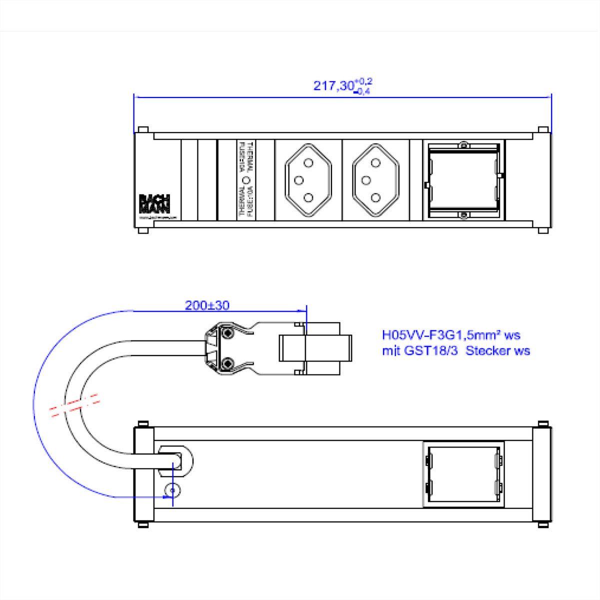 Bachmann CONI – Einbau-Anschlussfeld, 2× T13, 0,2 m, Stecker GST18 (Wieland), weiss