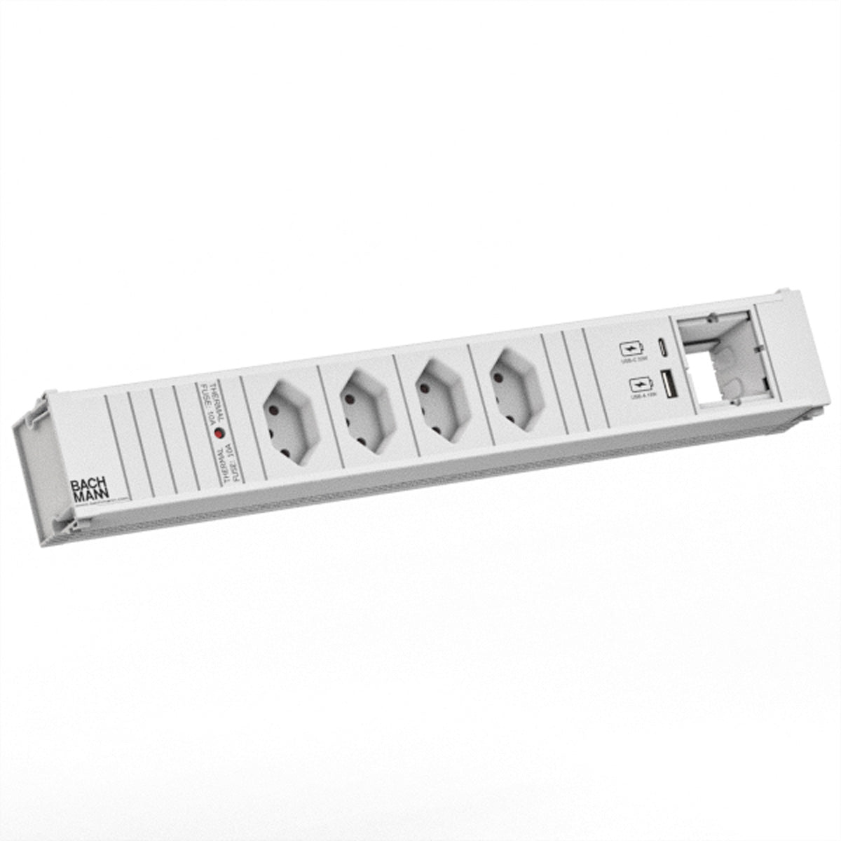 Bachmann CONI Einbausteckdosenleiste, 4×T13, 1×USB-A + 1×USB-C PD 22 W, Einbau, GST18 Eingang, 0,2 m – Weiss