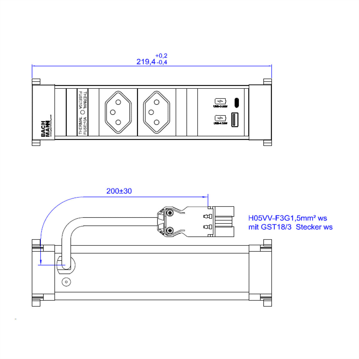 Bachmann POWER FRAME Einbausteckdosenleiste, 2×T13, 1×USB-A + 1×USB-C 22 W, Einbau, 0,2 m – weiss