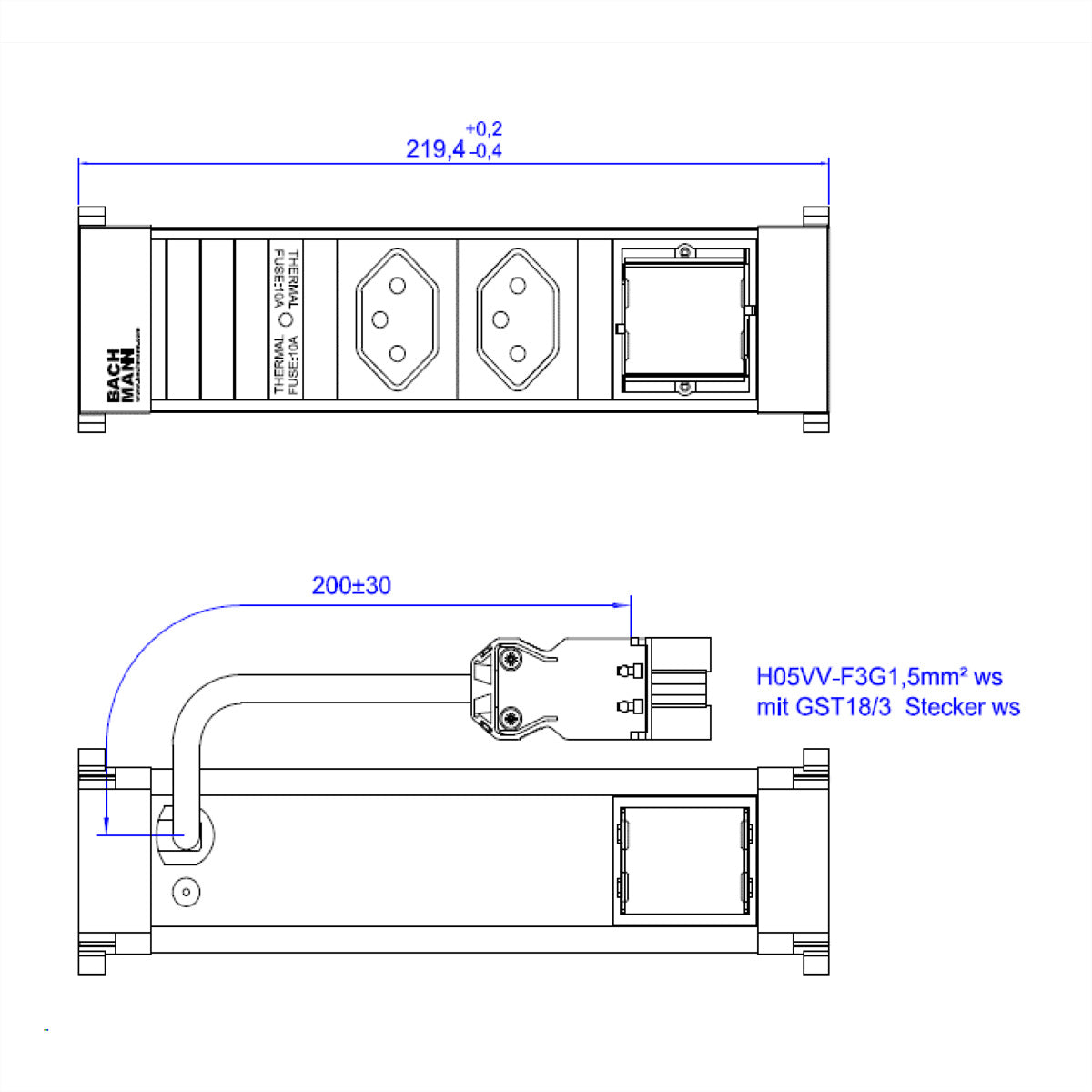 Bachmann POWER FRAME Steckdoseneinheit – 2×T13, GST18 Stecker, 0,2 m Zuleitung, Einbau, RAL 9010