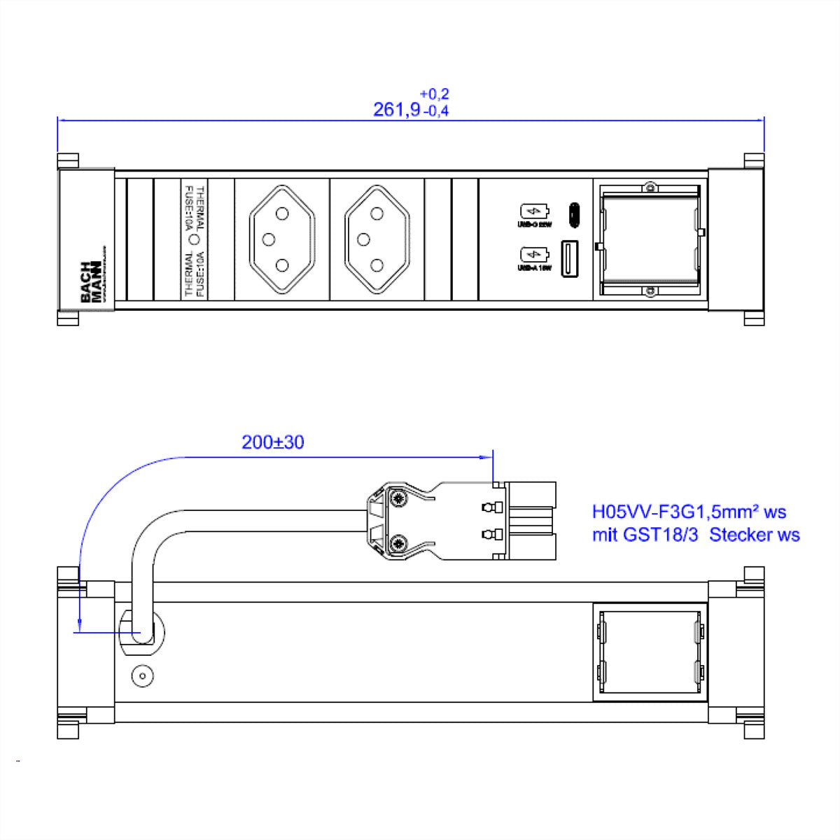 Bachmann POWER FRAME Steckdosenleiste – 2× T13, 2× USB‑A/C, 0,2 m, weiss