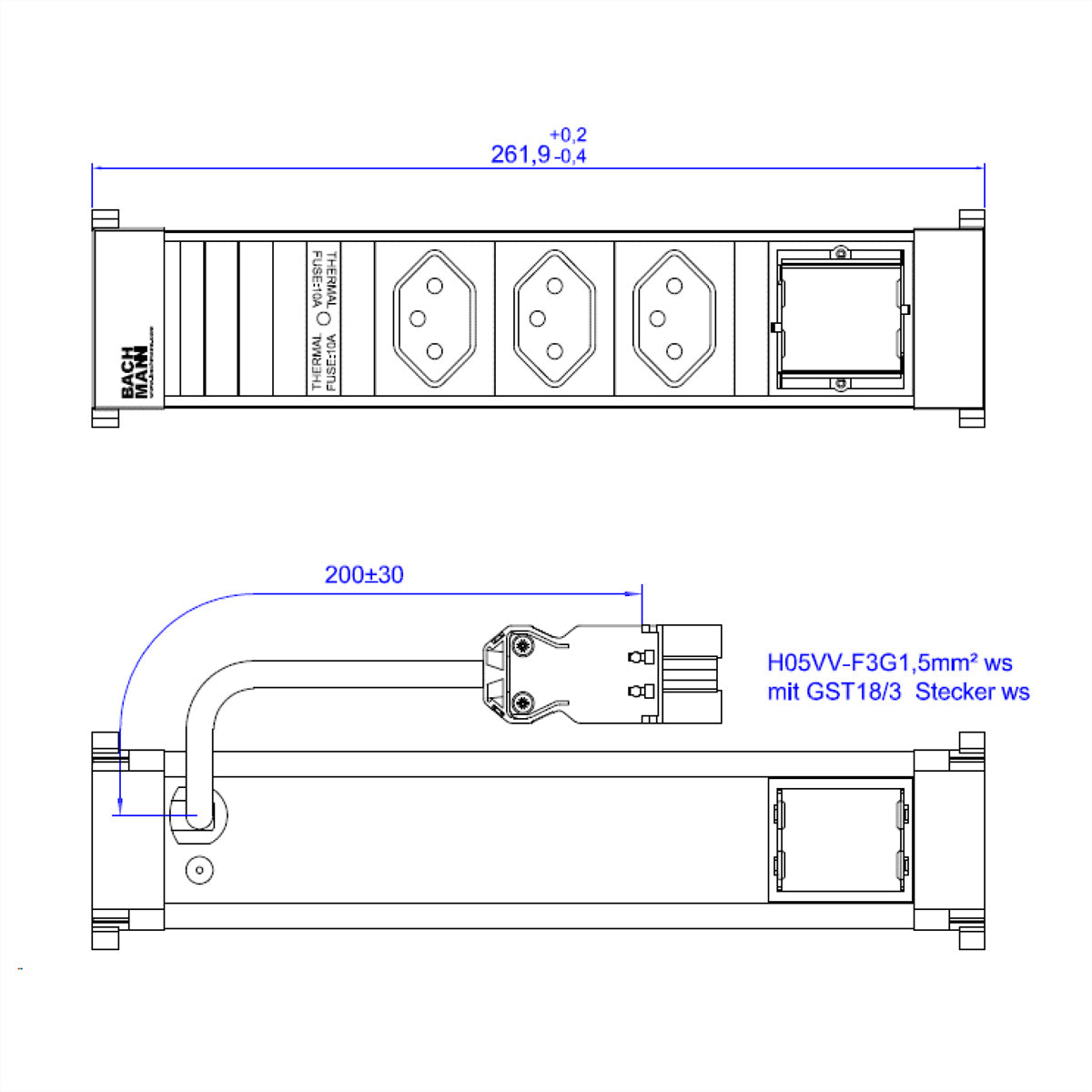 Bachmann POWER FRAME Steckdoseneinheit – 3×T13, Einbau, 0,2 m GST18-Stecker, Thermosicherung 10 A