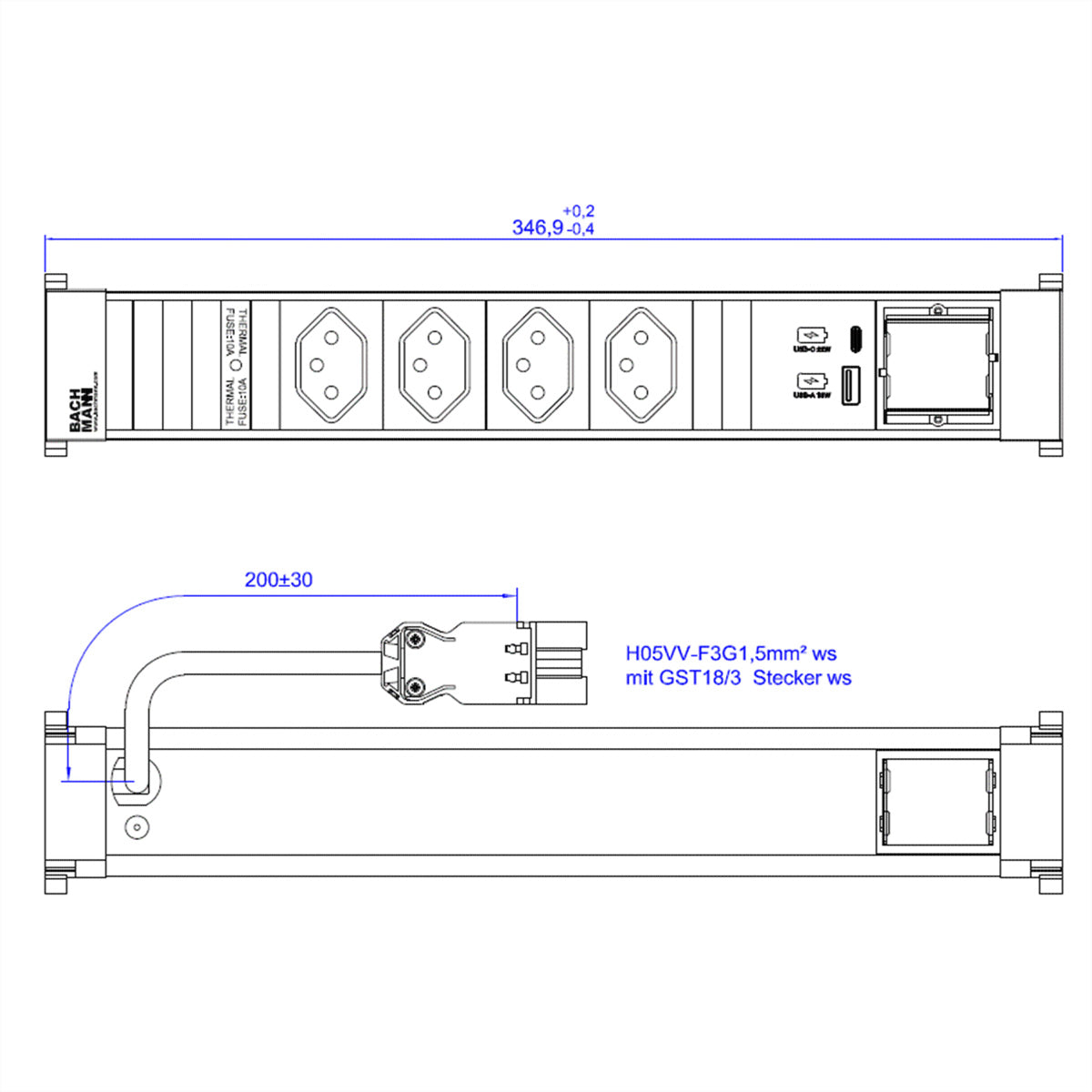 Bachmann POWER FRAME Einbausteckdosenleiste, 4×T13, 1×USB‑A + 1×USB‑C 22 W, Einbau, 0,2 m – weiss