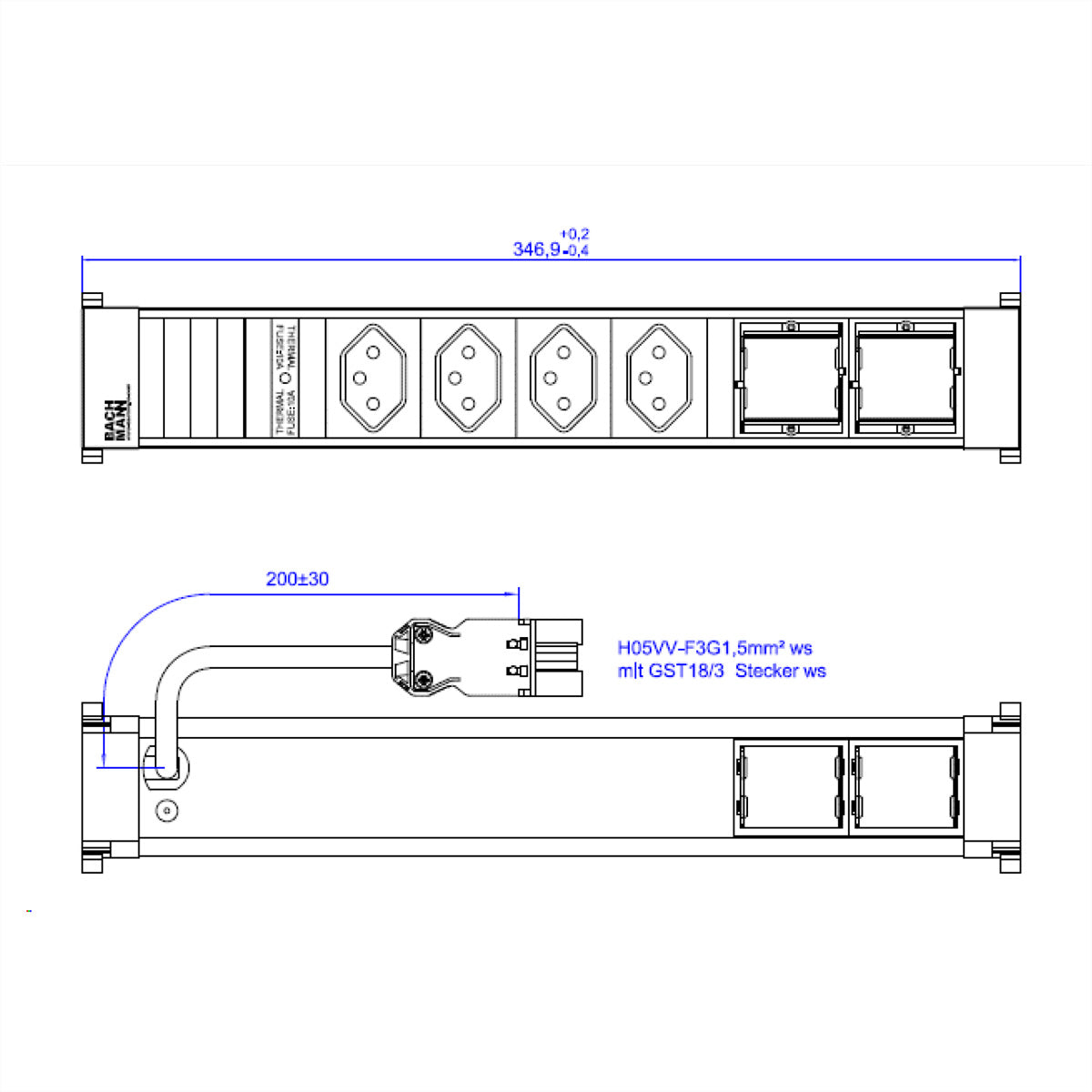 Bachmann POWER FRAME Steckdoseneinheit – 4×T13, 0,2 m Anschlusskabel mit GST18 (Wieland), Einbau, RAL 9010
