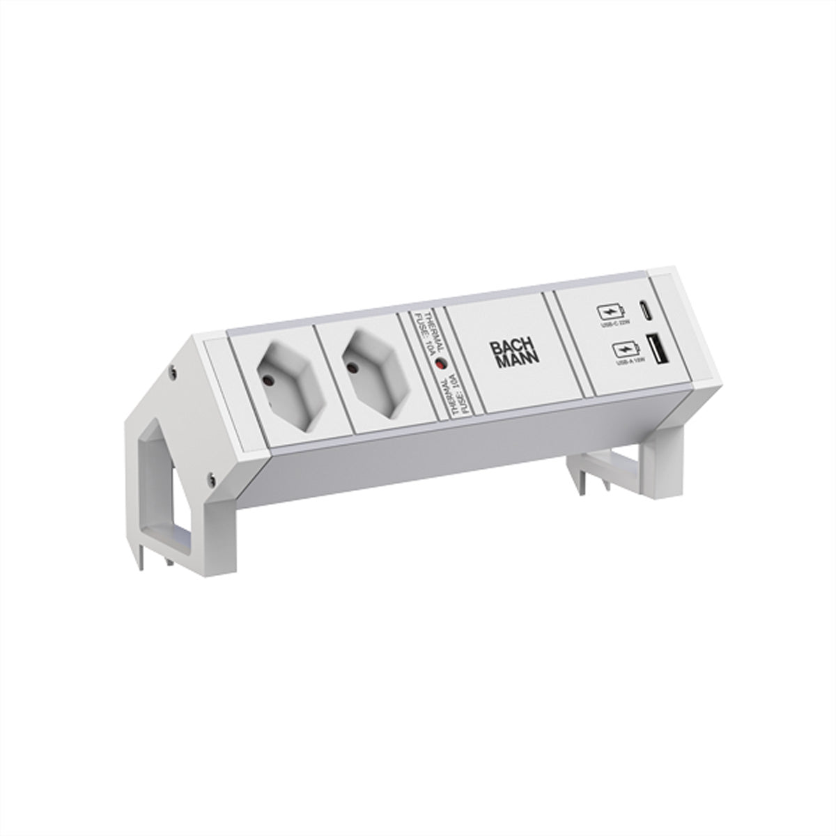 Bachmann DESK2 ALU WEISS – Tischsteckdosenleiste, 2× T13, 2× USB, 0,2 m, Stecker GST18