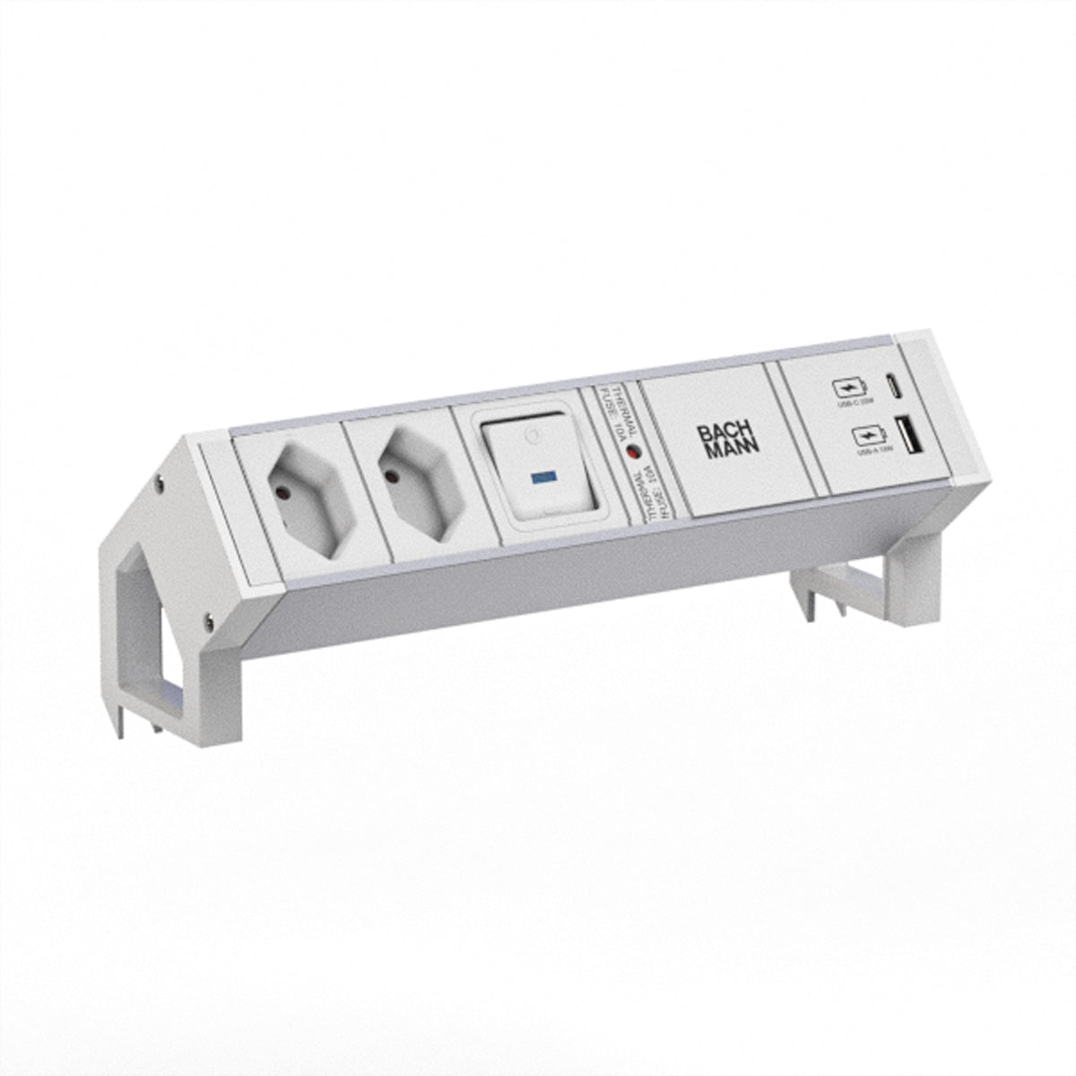 Bachmann DESK2 ALU Tischsteckdosenleiste 2×T13, 1×USB‑A + 1×USB‑C 22 W, 0,2 m, mit Schalter – Weiss