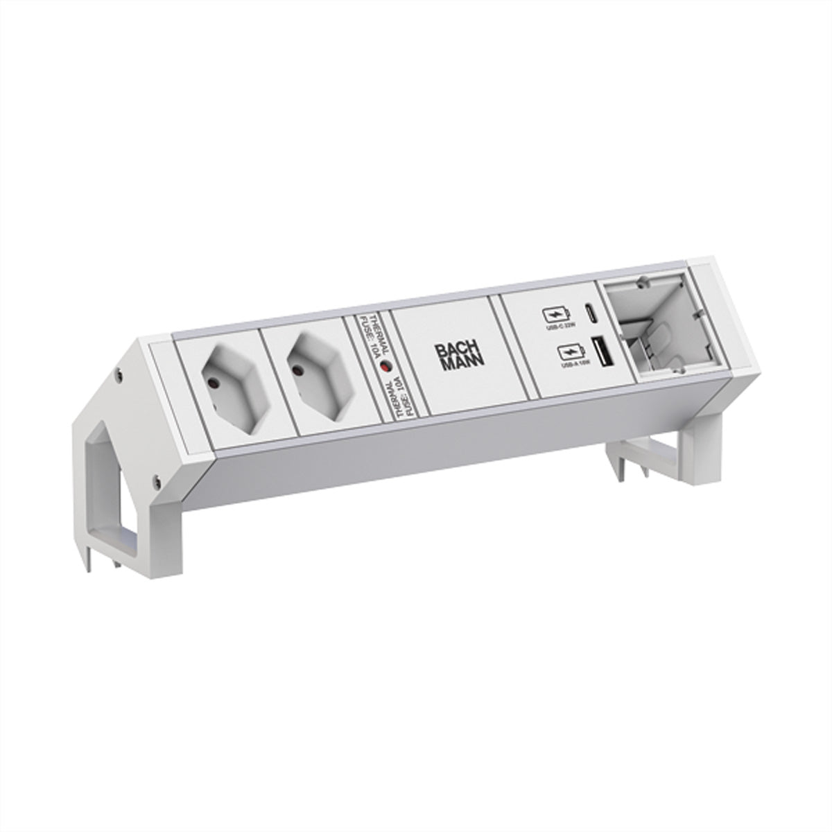 Bachmann DESK2 ALU – Tischsteckdosenleiste, 2× T13, 2× USB (22 W), 0,2 m, Stecker GST18