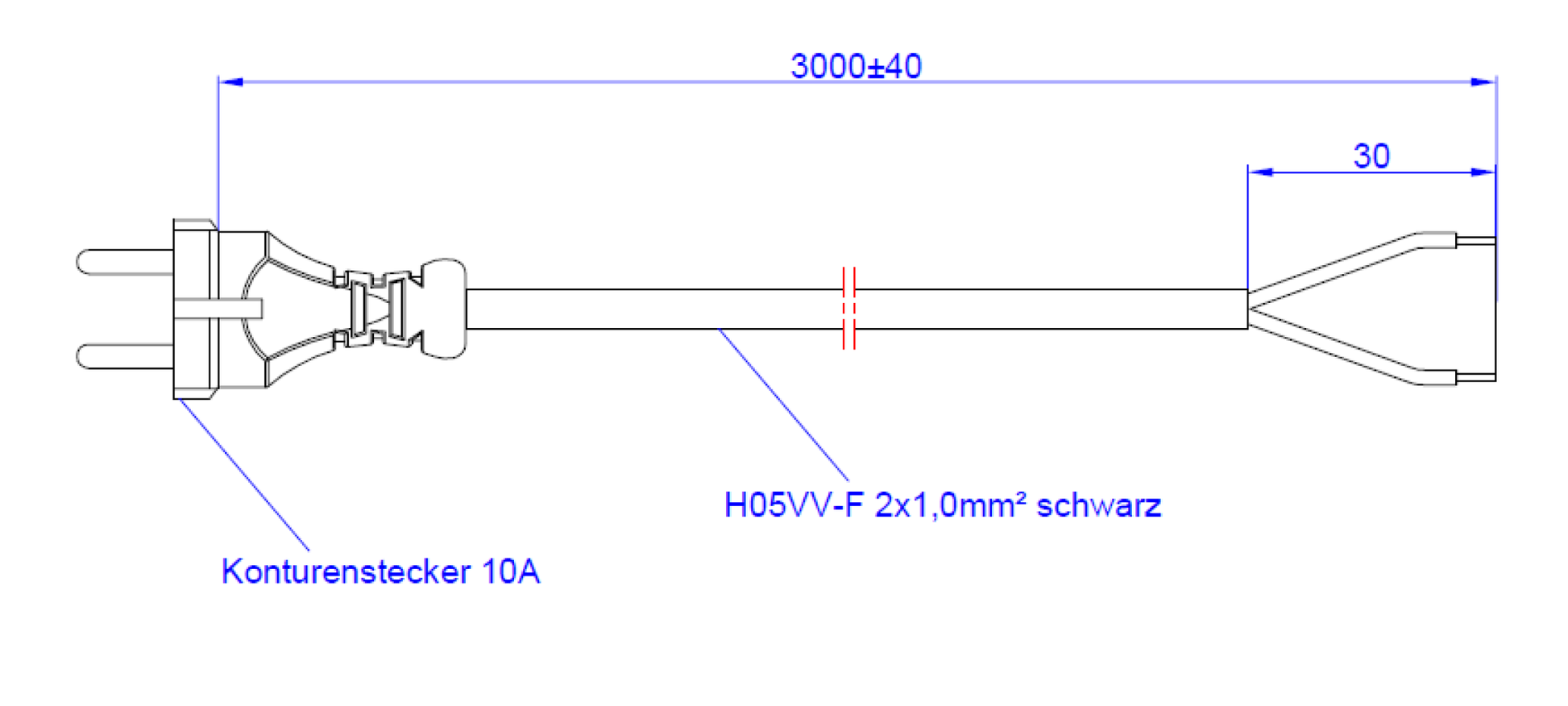 Bachmann Netzkabel – Konturenstecker (CEE 7/17) – Offenes Ende, 3 m, 250 V/10 A, Schwarz