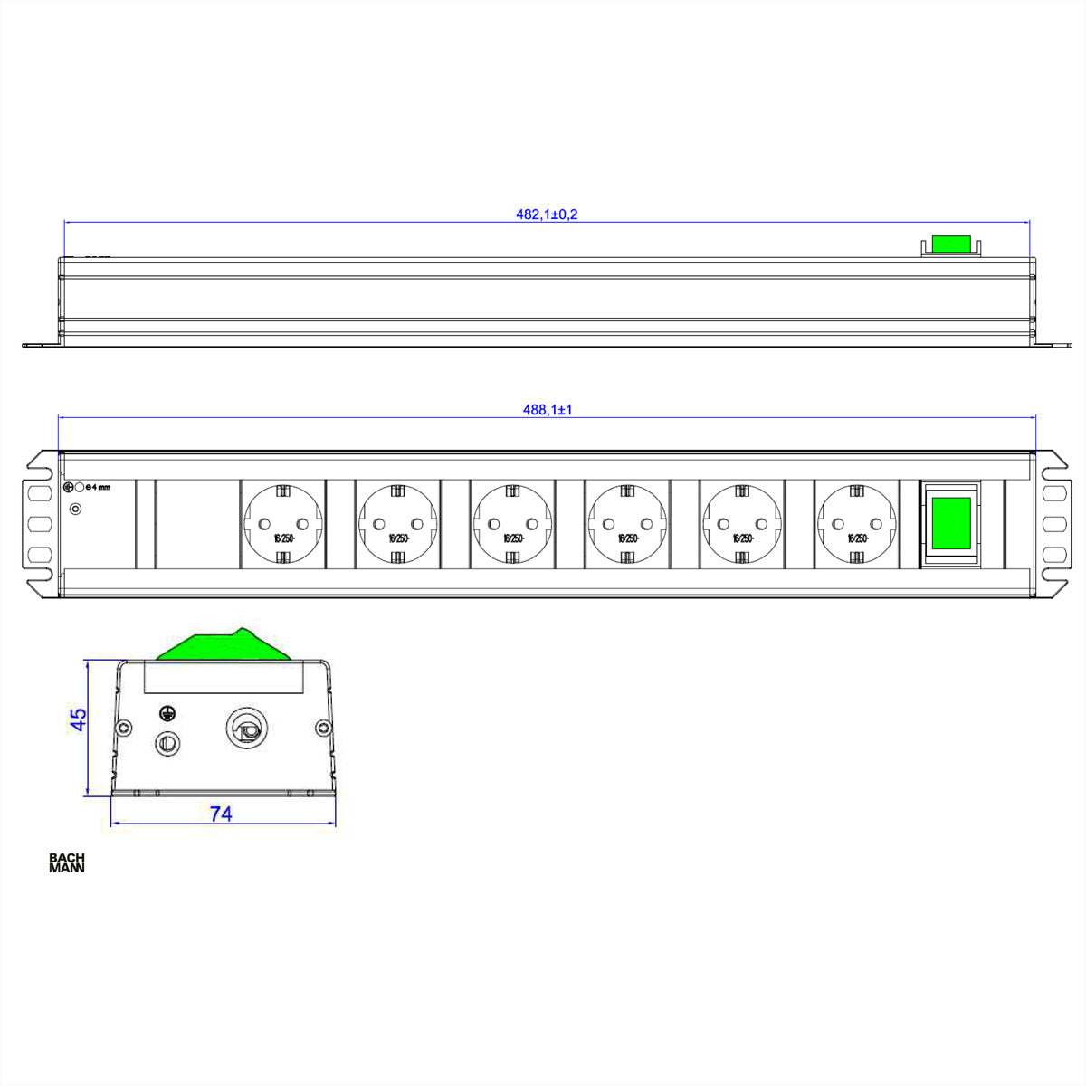 Bachmann Steckdosenleiste – 6×Schuko (Typ E/F), 2,0 m Kabel, Schalter, IP20