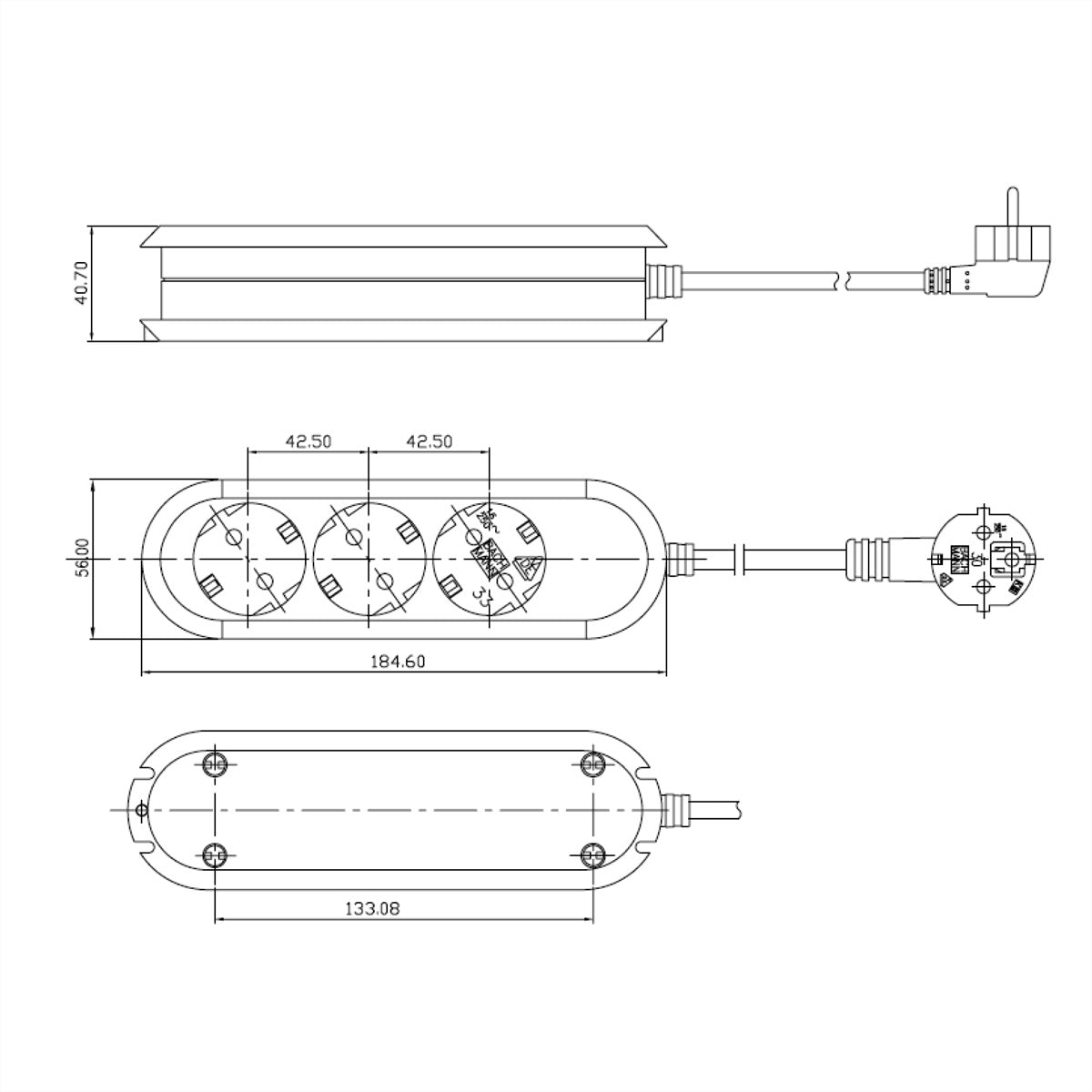 Bachmann SMART – Steckdosenleiste, 3× Schuko (Typ F), 3 m, Stecker CEE 7/7, mit erhöhtem Berührungsschutz