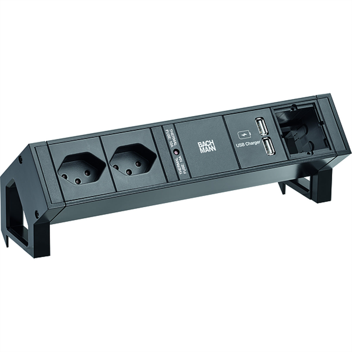Bachmann DESK2 – Tischsteckdosenleiste, 2× T13 (Typ J), 2× USB, 0,2 m, Stecker GST18