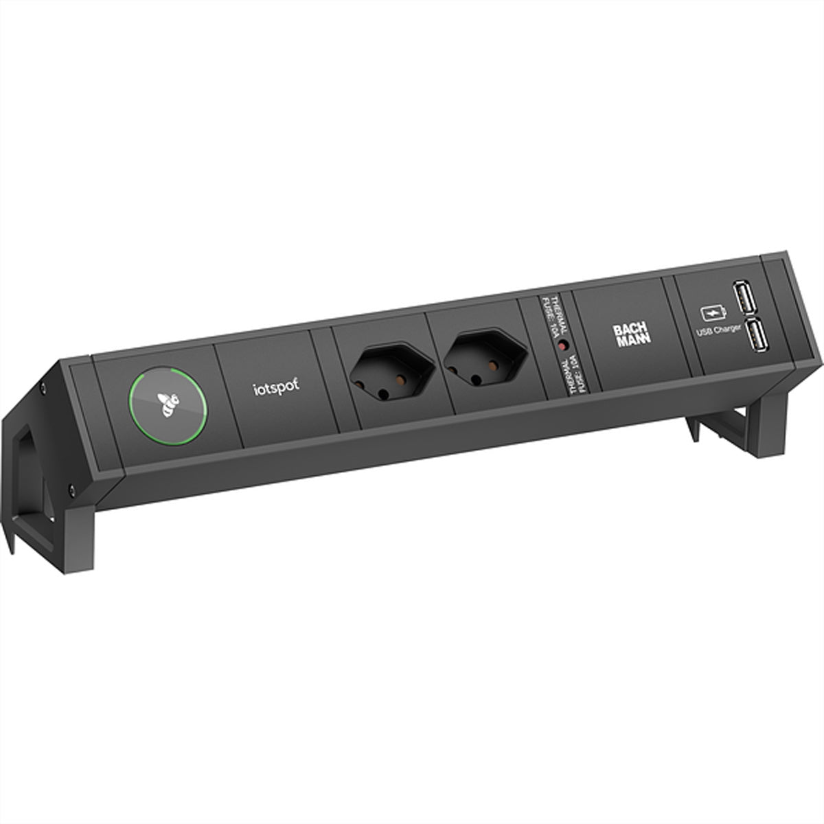 Bachmann DESK2 – Tischsteckdosenleiste, 2× T13, 1× USB‑A (Doppelcharger, 5 V/3,1 A), 0,2 m, Stecker GST18, schwarz