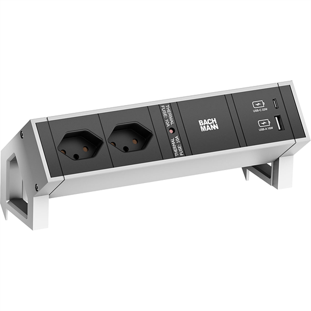 Bachmann DESK2 – Tischsteckdosenleiste, 2× T13, 1× USB (22 W), 0,2 m, Stecker GST18