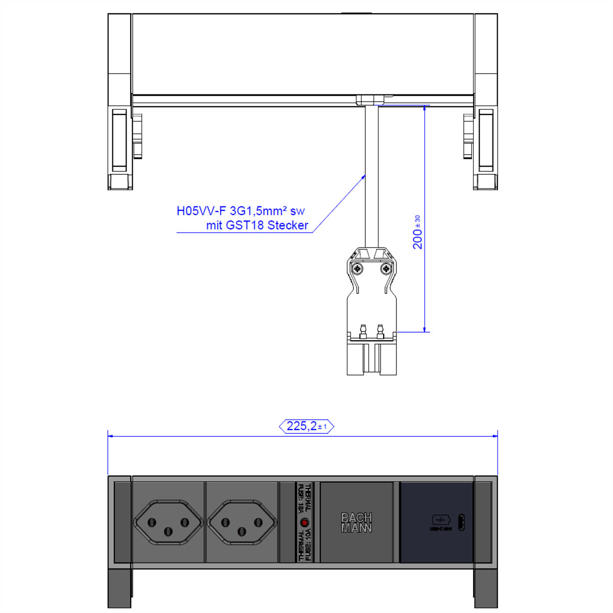 Bachmann DESK2 Steckdoseneinheit – 2×T13, USB-C 30 W, Aufbau, 0,2 m, Wieland GST18
