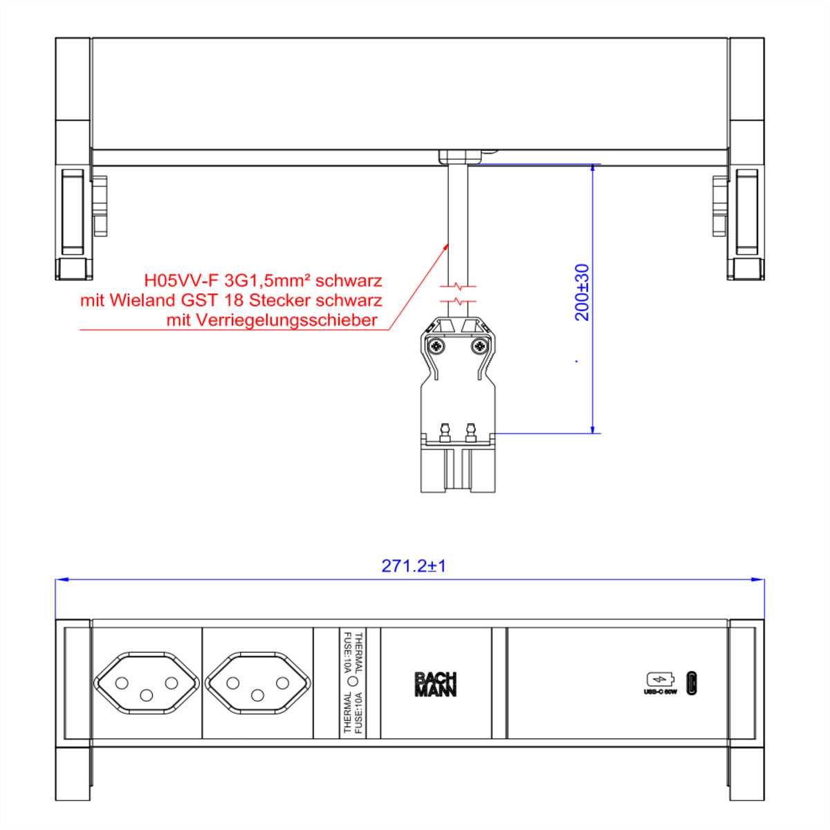 Bachmann DESK2 Tischsteckdosenleiste, 2×T13, 1×USB‑C PD 60 W, 0,2 m – schwarz/weiss
