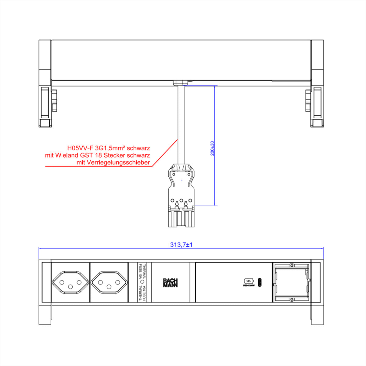 Bachmann DESK2 Tischsteckdosenleiste, 2×T13, 1×USB-C PD 60 W, 0,2 m, Thermosicherung, Haltewinkel – Schwarz