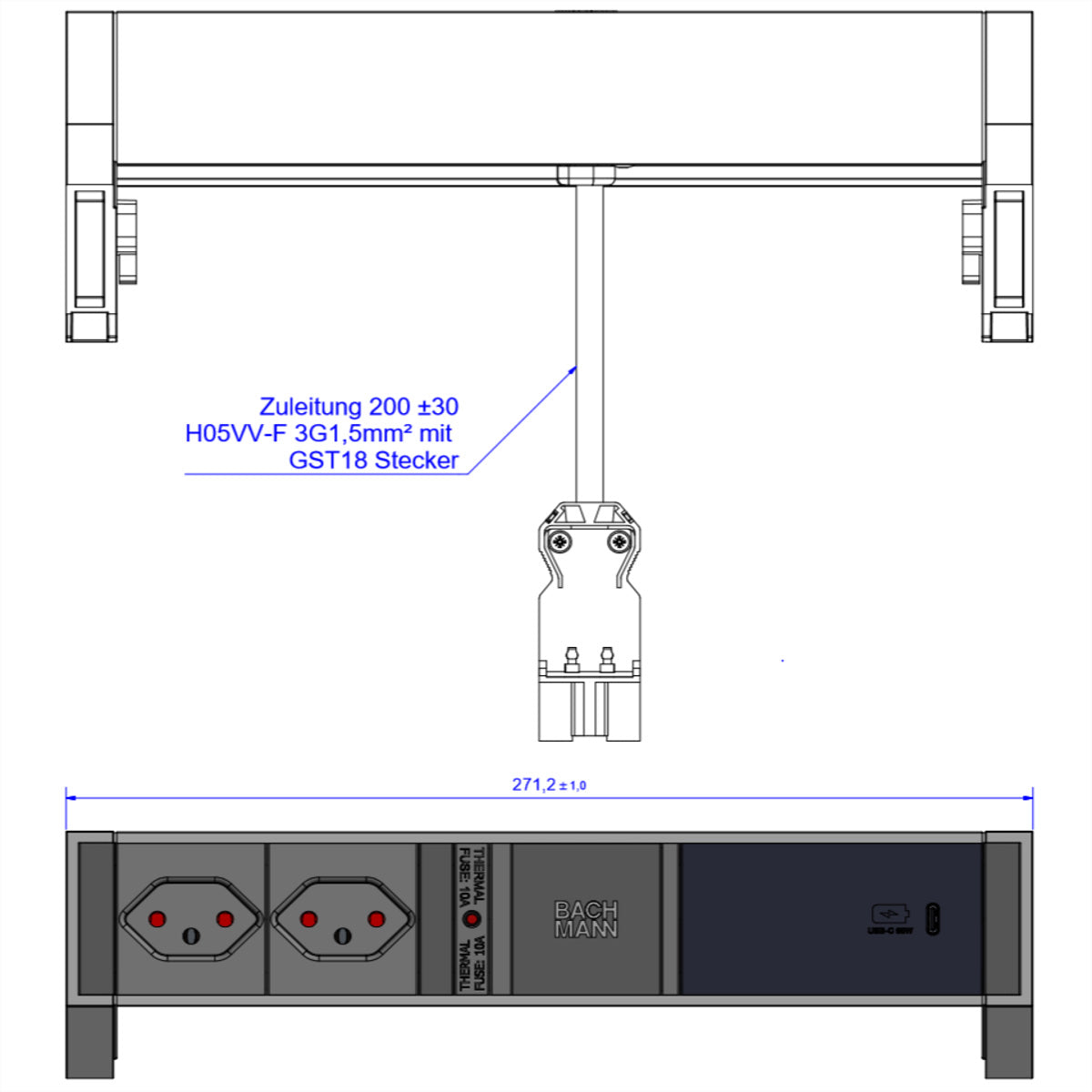Bachmann DESK2 – Tischsteckdosenleiste, 2× T13, 1× USB-C 60 W, 0,2 m, Stecker GST18