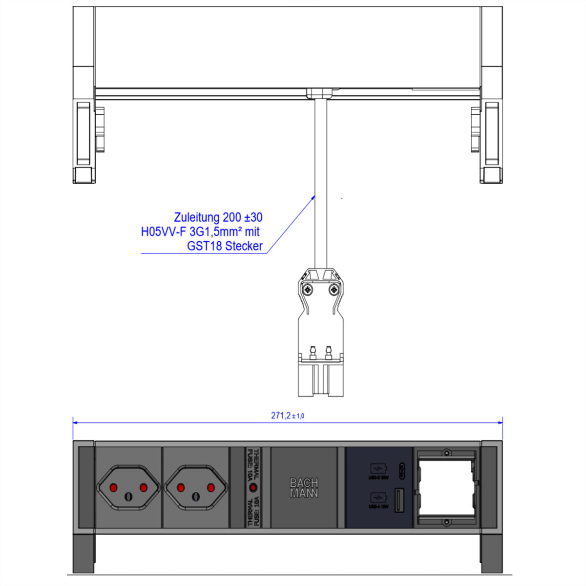 Bachmann DESK2 Steckdosenleiste 2×T13 (CH) – USB×2, 22 W – GST18 Stecker – Weiss – für Schweiz, Liechtenstein