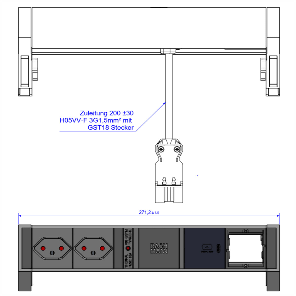 Bachmann DESK2 Steckdoseneinheit – 2×T13, USB-C 30 W, Tisch/Einbau, 0,2 m Zuleitung mit GST18-Stecker, RAL 901