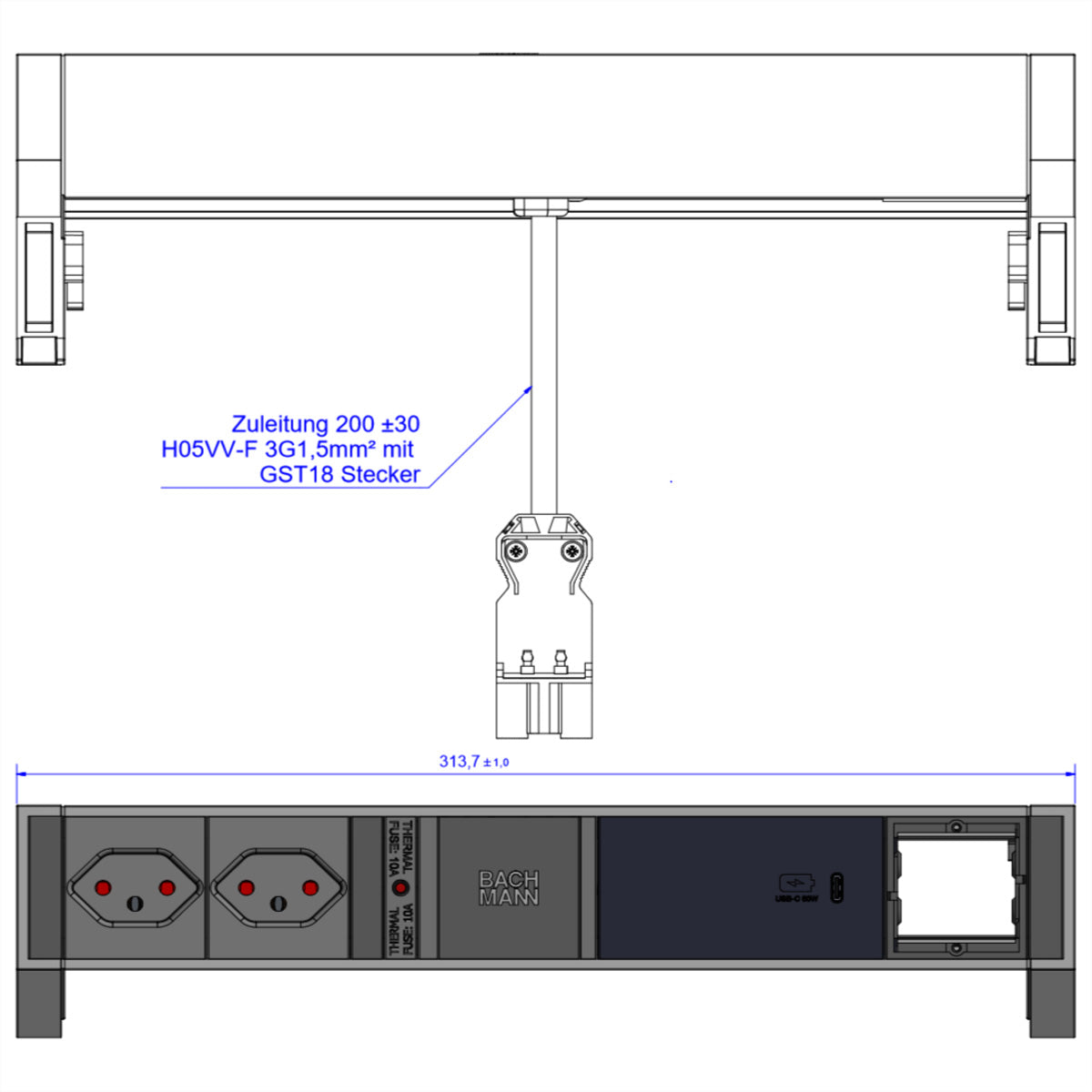 Bachmann DESK2 – Tischsteckdosenleiste, 2× T13, 1× USB-C 60 W, 0,2 m, Stecker Wieland GST18
